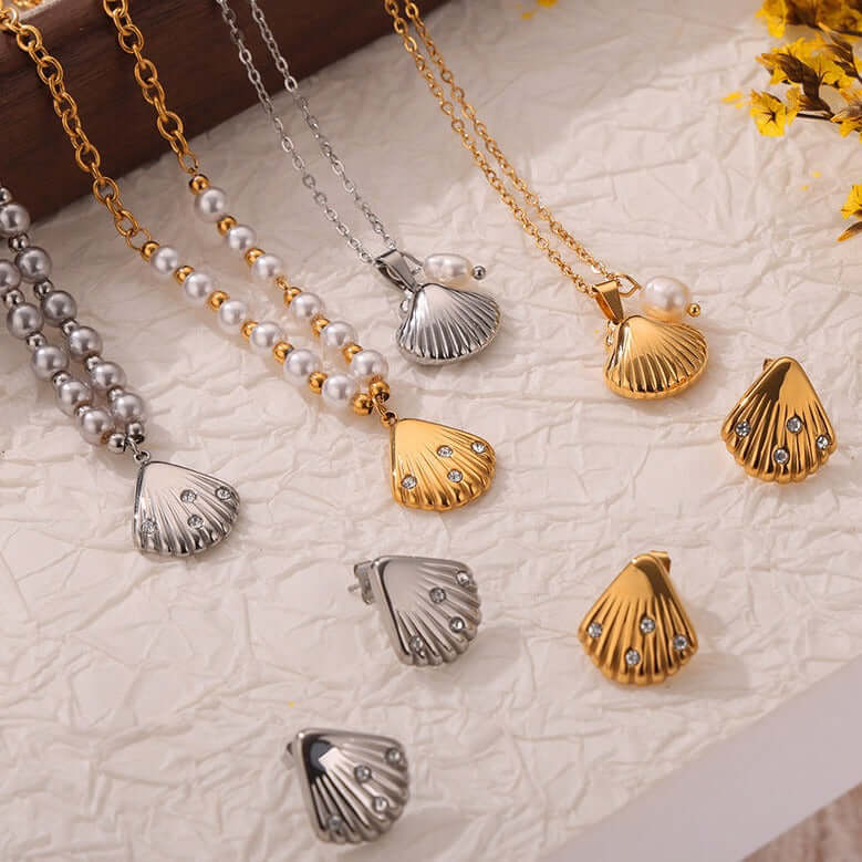 18K Gold Freshwater Pearl Seashell Pendant Earrings Set for Women - Elegant Dangle Drop Earrings for Wedding, Party & Evening Wear | MDT010