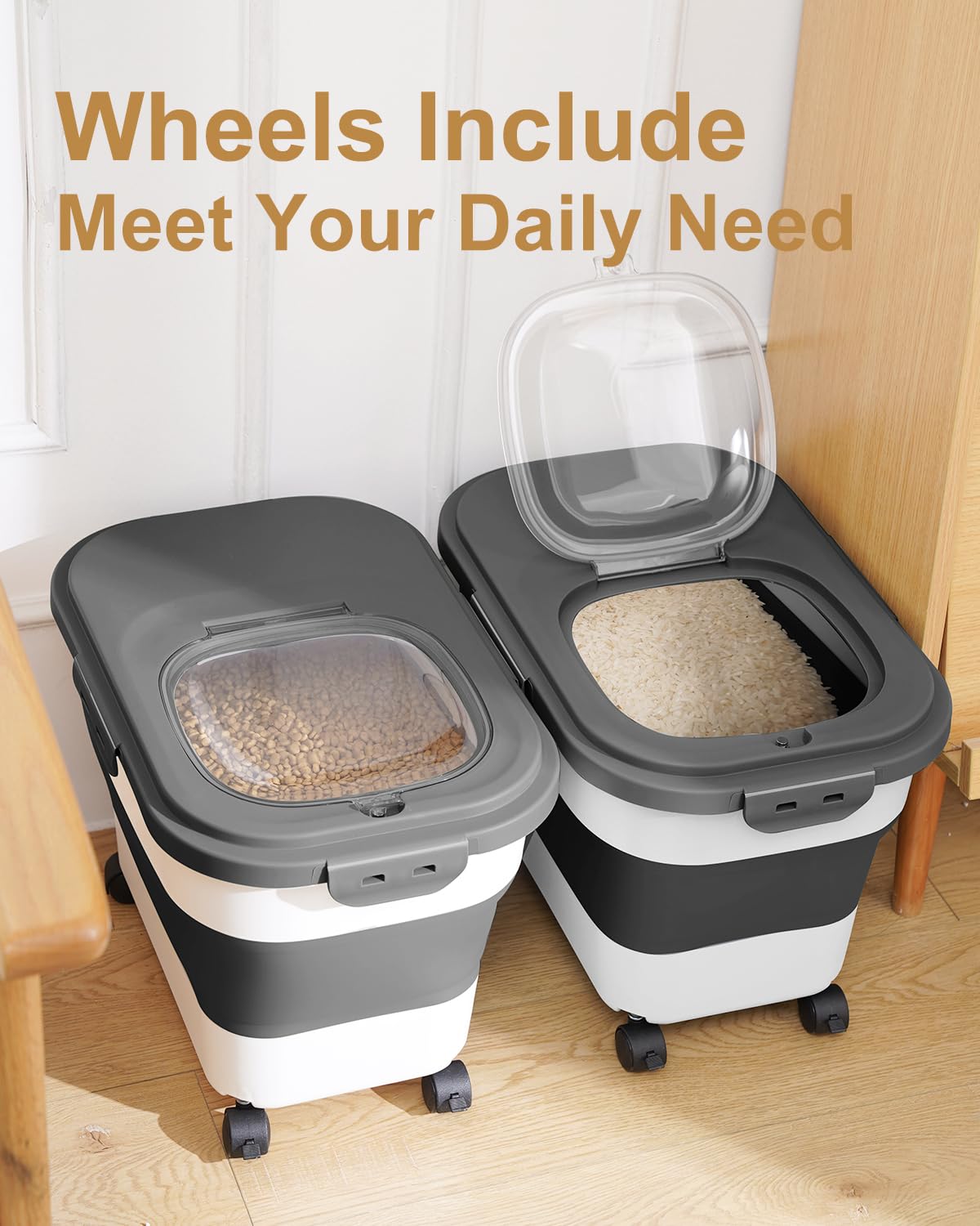20-30 Lbs Collapsible Rice & Flour Storage Container with Airtight Locking Lid, Rolling Wheels & Measuring Cup - Perfect for Kitchen Pantry, Pet Food, Bulk Dry Food Storage & Meal Prep Organization