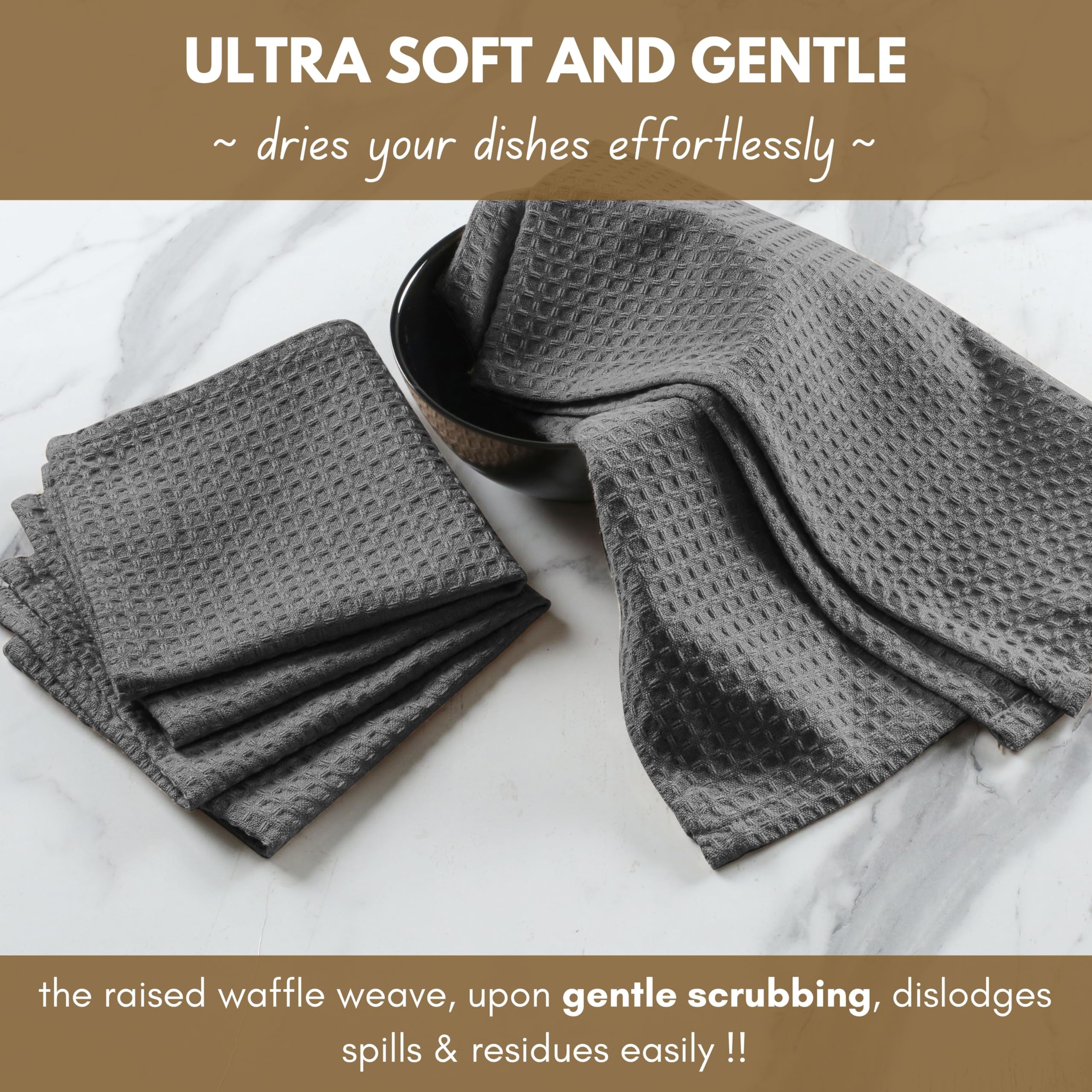 Premium 12-Pack Waffle Weave Kitchen Towels - 16x26 Inches, Soft & Absorbent Cotton Dish Cloths with Hanging Loop for Cleaning, Drying Dishes, Glassware & Countertops (Grey) - Ideal for Home Kitchen, Restaurant & Bar Use