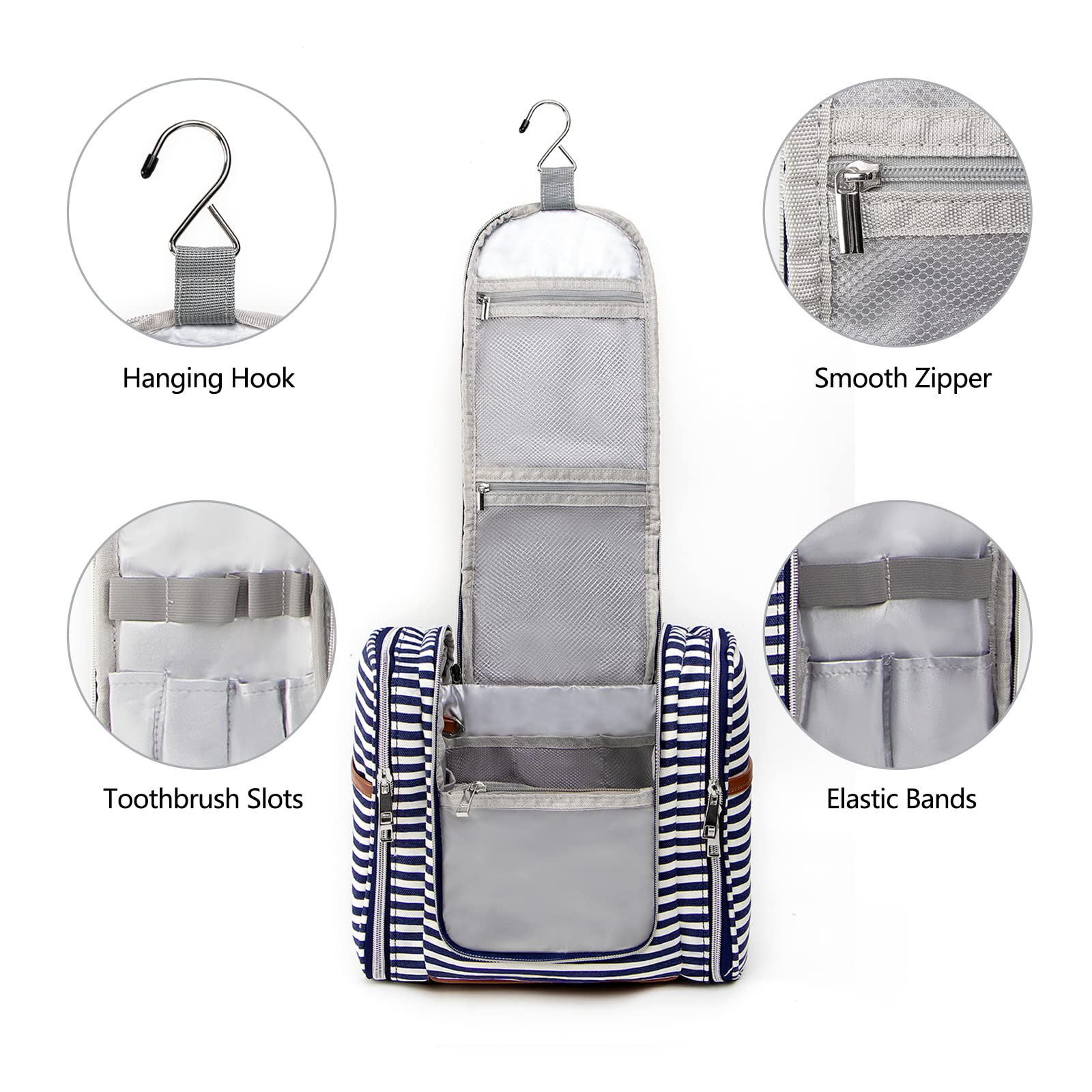 Pearl Angeli Waterproof Hanging Toiletry Bag for Women - Large Travel Cosmetic Organizer with Hooks, Fits Full-Size Bottles - Perfect for Bathroom Storage, Camping & Vacation Travel (Navy Blue)