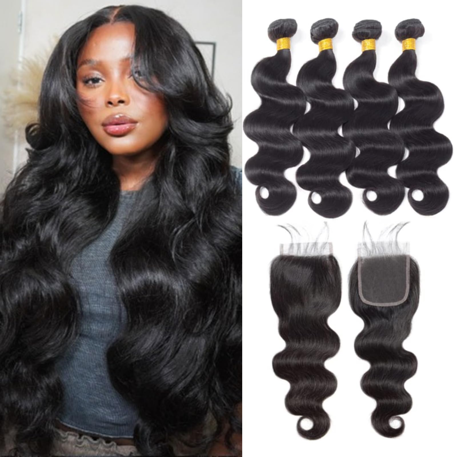 Kapelli 10A Brazilian Virgin Human Hair Extensions - 4 Bundles Body Wave with Lace Closure (20 22 24 26+20 Inch) 100% Unprocessed Remy Hair for Black Women | Perfect for Daily Styling, Weddings & Special Occasions