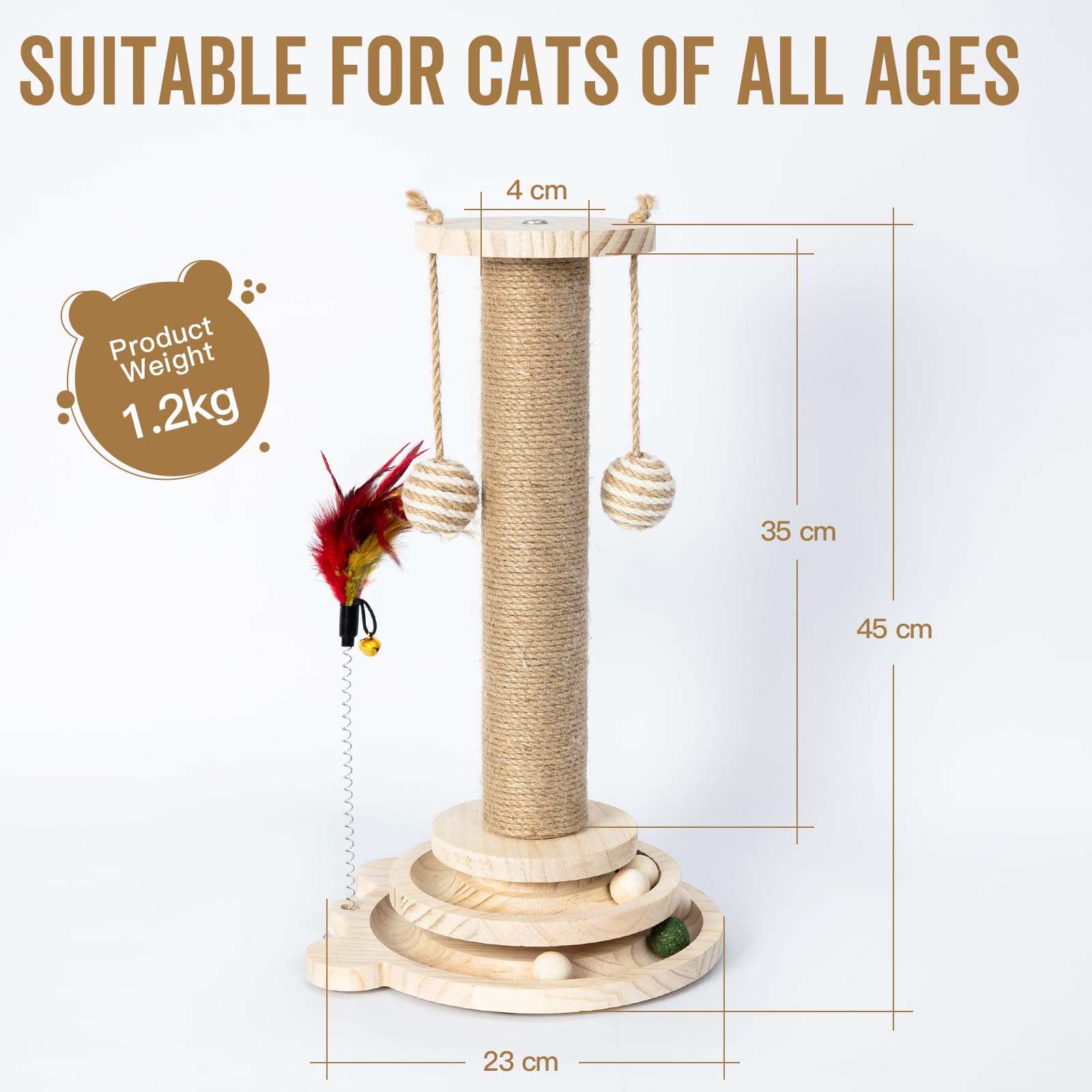 Premium Cat Scratching Post with Solid Wooden Base & Interactive Track Ball Toys - 45cm Tall Kitten Scratcher for Indoor Cats - Perfect for Playtime, Exercise & Furniture Protection