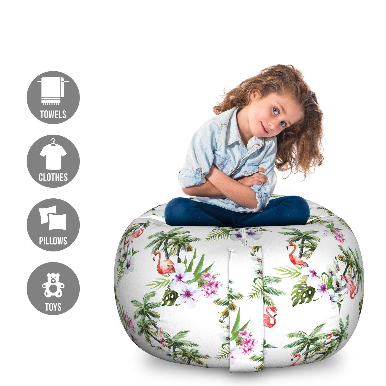 Ambesonne Flamingo Toy Storage Bag Chair - Large Washable Stuffed Animal Organizer with Watercolor Exotic Birds, Tree Leaves, Orchid & Hibiscus Design | Perfect for Kids' Room, Playroom & Nursery Organization