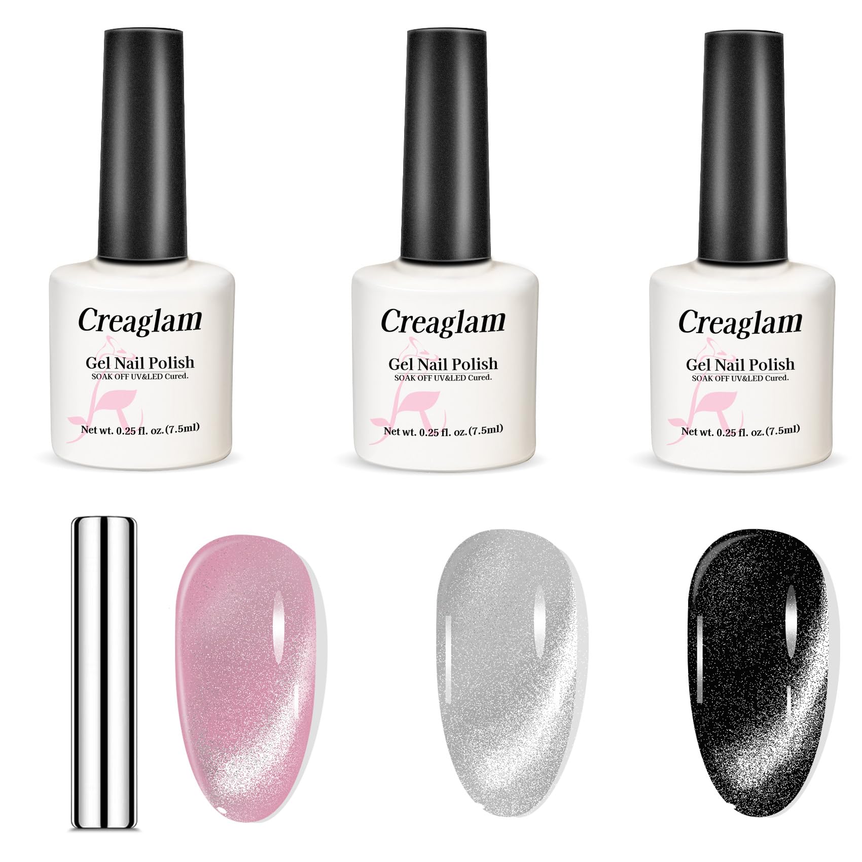 3-Piece Cat Eye Gel Nail Polish Set - Silver Shimmer, Pink & Black Holographic UV Gel Polish with Magnet for Nail Art | Perfect for Salon, Home Manicures & Special Occasions