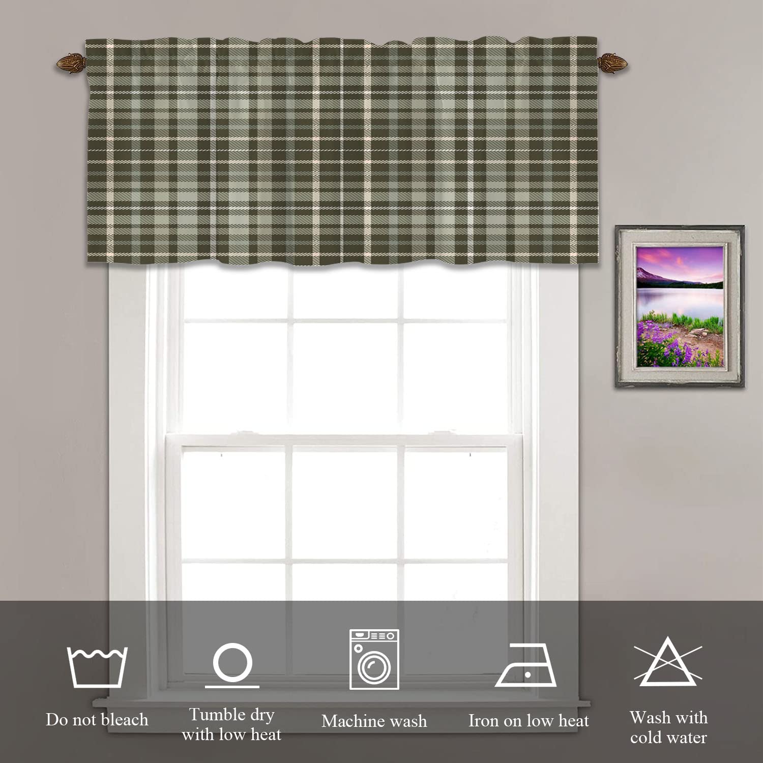 Stylish Gray Green Brown Cream Tartan Plaid Kitchen Valances - Blackout Window Curtains for Bedroom & Living Room - 52 x 18 Inch Set of 2 - Perfect for Modern Scottish Retro Home Decor & Sun Protection