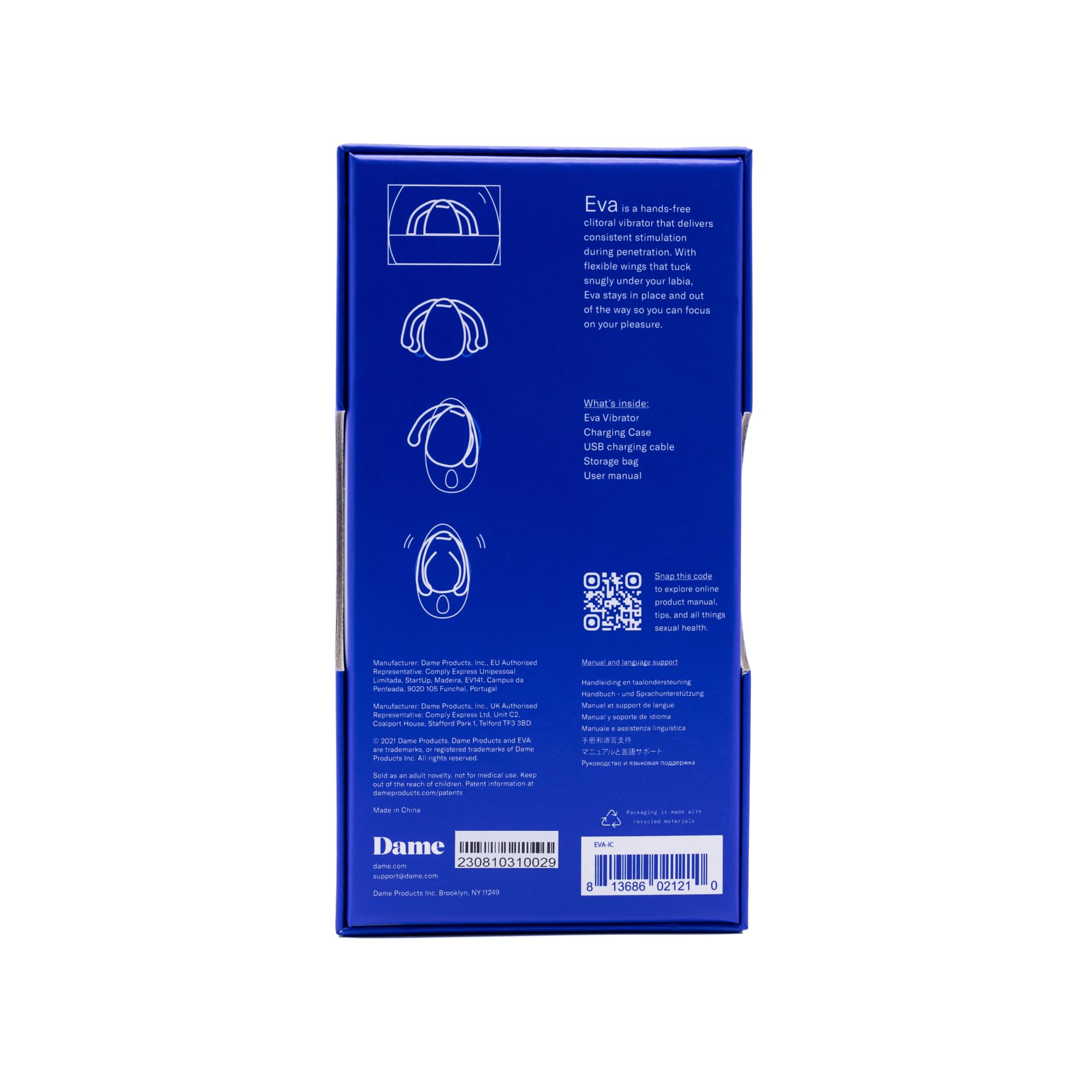 Dame Products Eva Personal Massager for Women - Hands-Free Clitoral Stimulator with 3 Vibration Speeds - Rechargeable & 100% Waterproof - Body-Safe Silicone - Ice Blue - Perfect for Stress Relief, Couples Play & Solo Pleasure