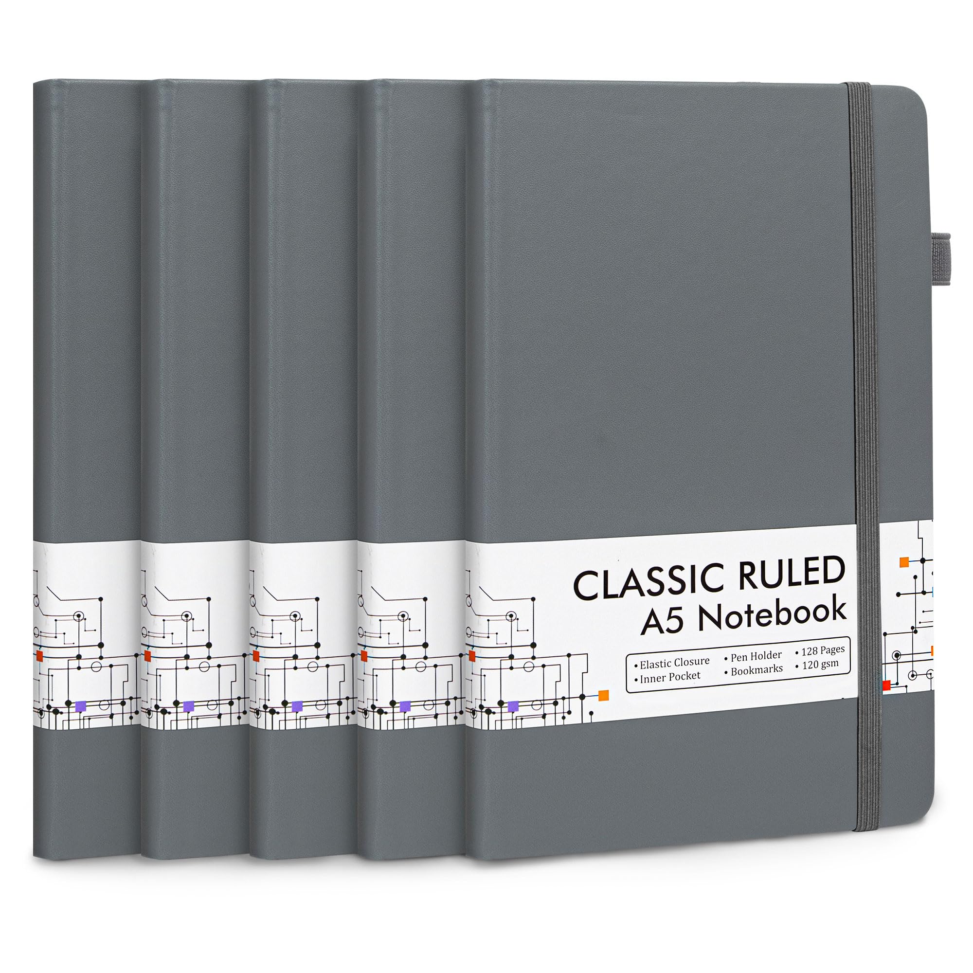 Feela 5-Pack Hardcover Classic Ruled Lined Journals with Pen Holder - 120 GSM A5 Notebooks (5.1”x8.3”) for School, Office & Business Note Taking - Includes 5 Black Pens - Perfect for Students, Professionals & Gift Giving