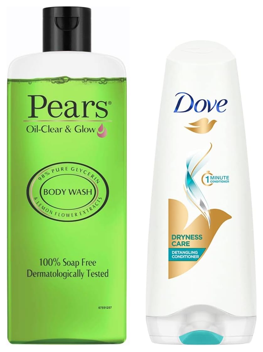 Pears Oil Clear & Glow Shower Gel (250ml) & Dove Dryness Care Conditioner (180ml) - Hydrating Body Wash & Moisturizing Hair Care for Smooth Skin & Silky Hair