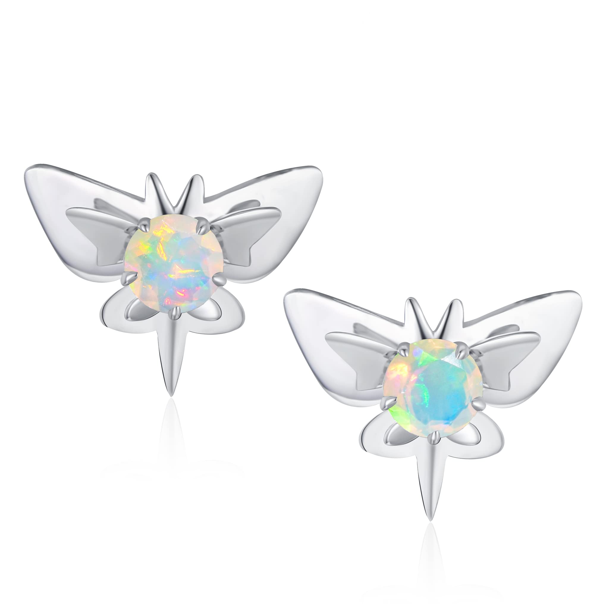 Rainbow Opal Earrings - Small Butterfly Stud Earrings for Women - Dainty Stackable Multiple Piercing Jewelry - October Birthstone Gift - Perfect for Everyday Wear, Stacking & Layering Looks