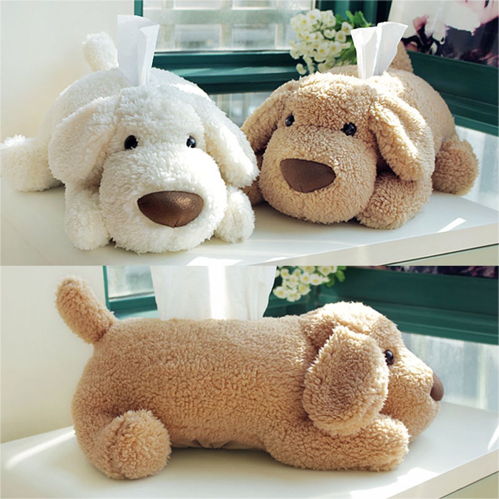 Super Soft Plush Dog Tissue Box Cover - Cute Cartoon Design Paper Holder & Napkin Storage for Car, Home, Bathroom Decor (White) | Perfect for Living Room, Bedroom, and Office Desk Organization