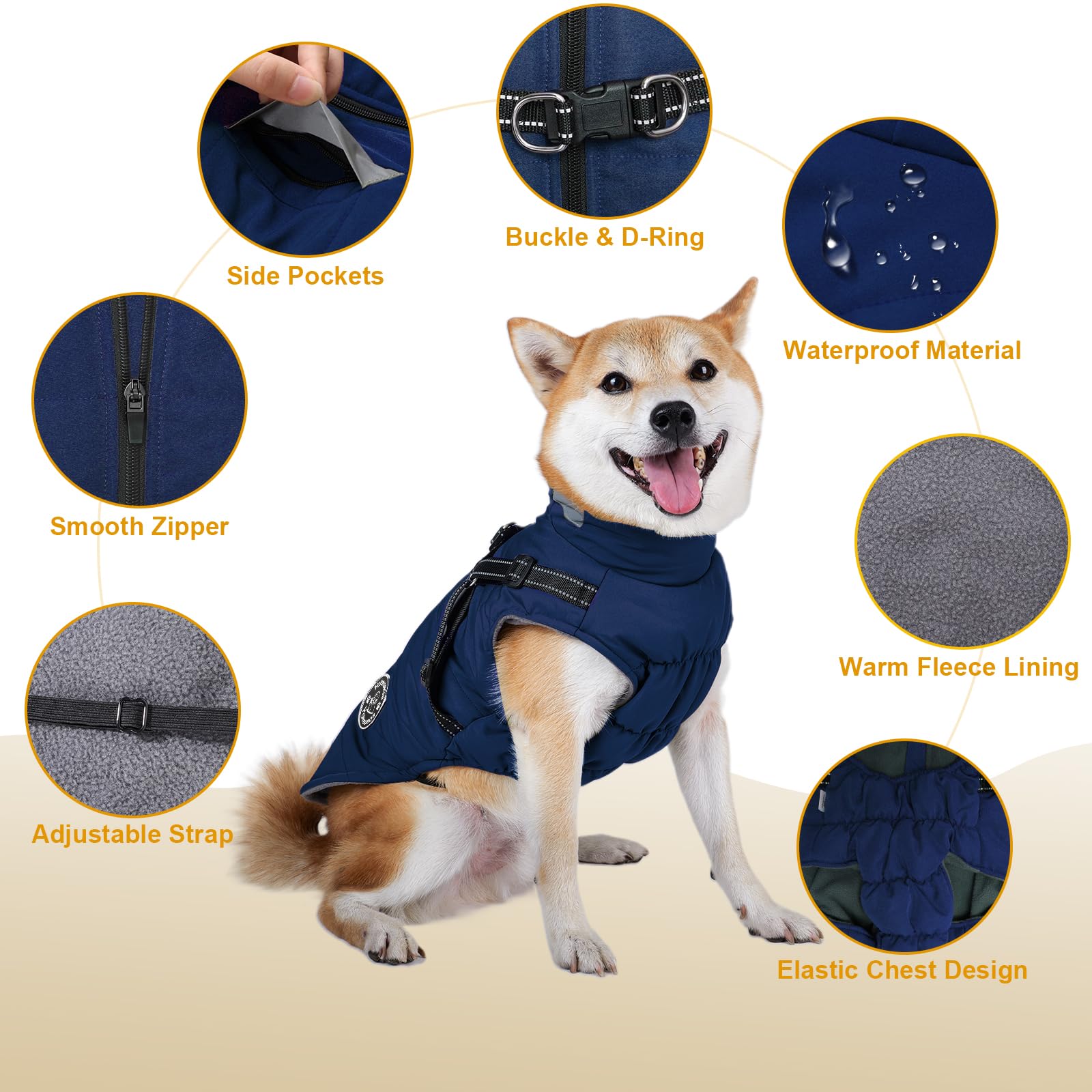 Warm Dog Jacket with Built-in Harness - Fleece Winter Coat for Small Medium Large Dogs | Waterproof Reflective Vest for Cold Weather | Navy Blue | Perfect for Outdoor Walks & Winter Adventures