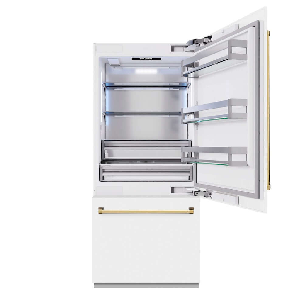 ZLINE Autograph Edition 36 Inch Built-In Bottom Freezer Refrigerator - 19.8 cu. ft. Capacity, Water Dispenser & Ice Maker, White Matte Finish with Polished Gold Accents (RBITZ WM 36 G) - Perfect for Modern Kitchens and Luxury Homes