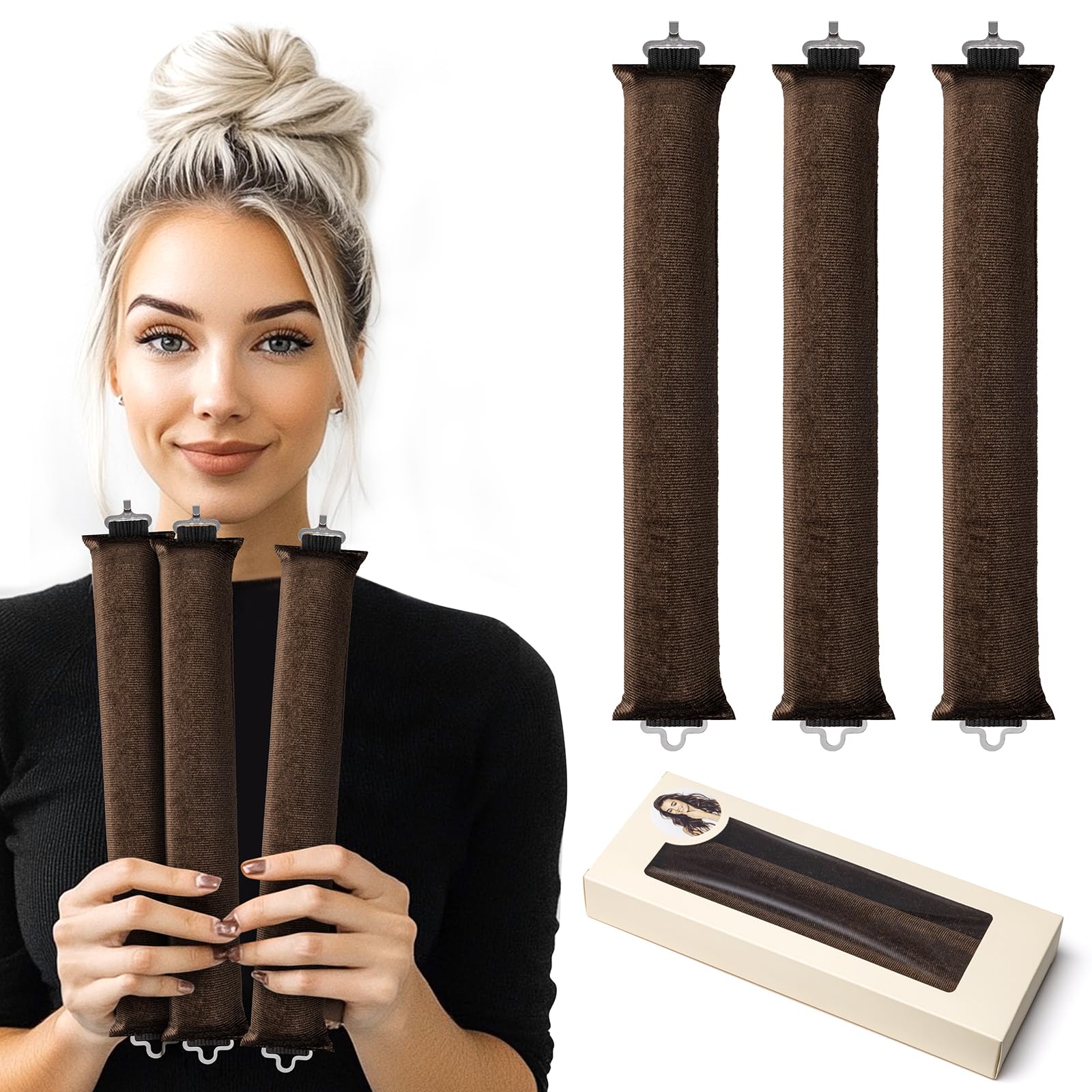 Heatless Curling Rod Headband for Overnight Curls - No Heat Silk Hair Rollers with Hair Clips & Scrunchie (Upgraded Brown Set) | Perfect for Sleeping, Travel & Damage-Free Styling