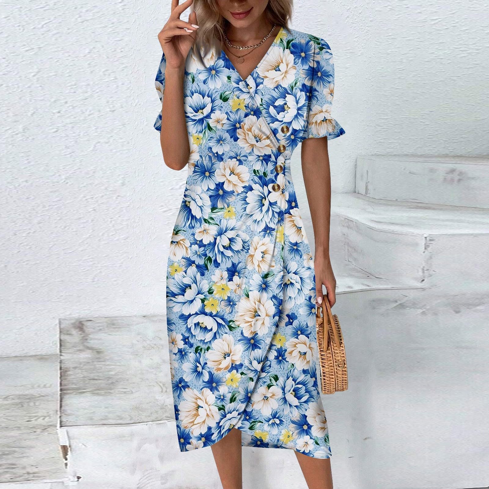 2024 Women's Short Sleeve Ruffle Hem V-Neck Printed Flowy Dress - Elegant Boho Summer Dress for Beach, Party & Casual Wear | Fashionable & Comfortable