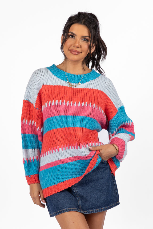 Blue Multi Stripe Chunky Knit Stitch Detail Sweater - Cozy Winter Pullover for Women | Perfect for Casual Outfits, Holiday Parties & Cold Weather Layering