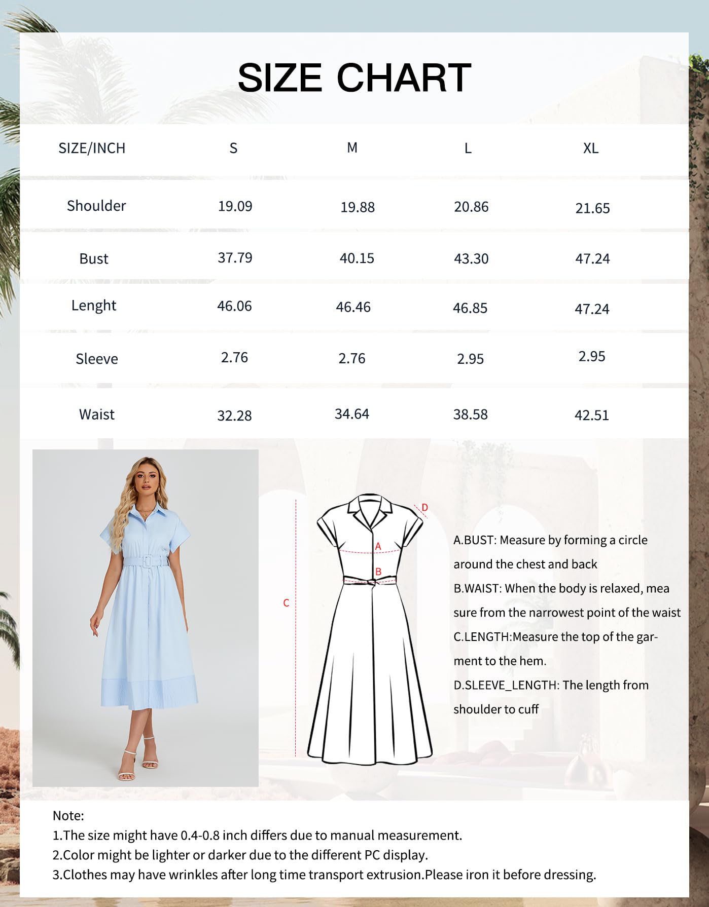 Stylish Women's Casual Button Down Shirt Dress with Short Wing Sleeves & Belt | Elegant Business Midi Dress in Light Blue | Perfect for Office Wear, Summer Outfits & Casual Occasions