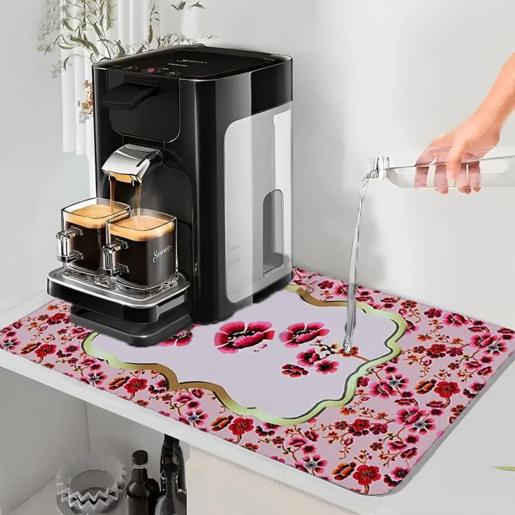 IVAZA Large Absorbent Dish Drying Mat for Kitchen - Non-Slip Silicone Drying Pad for Dishes, Utensils & Cookware - Quick Dry Waterproof Kitchen Mat with Pink Floral Design - Perfect for Countertops, Sinks & Dish Racks