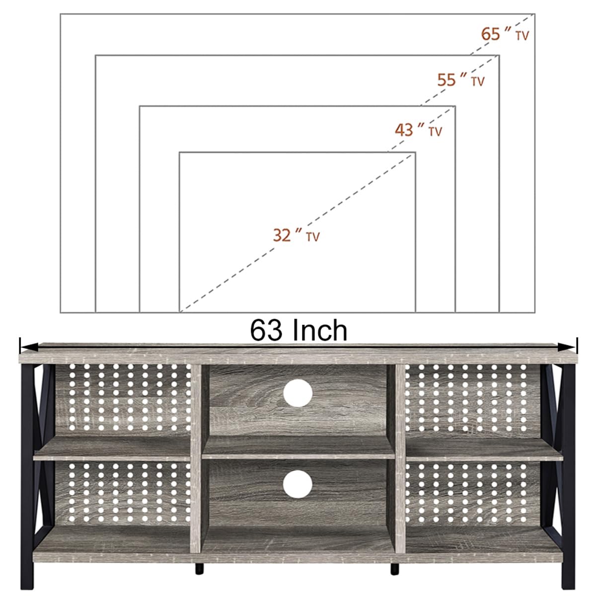 LVB 63 Inch TV Stand for 75 Inch TVs - Modern Rustic Wood & Industrial Metal Entertainment Center with Storage Cabinet - Light Gray Oak Media Console for Living Room & Bedroom | Perfect for Home Theater Setup & Living Space Organization