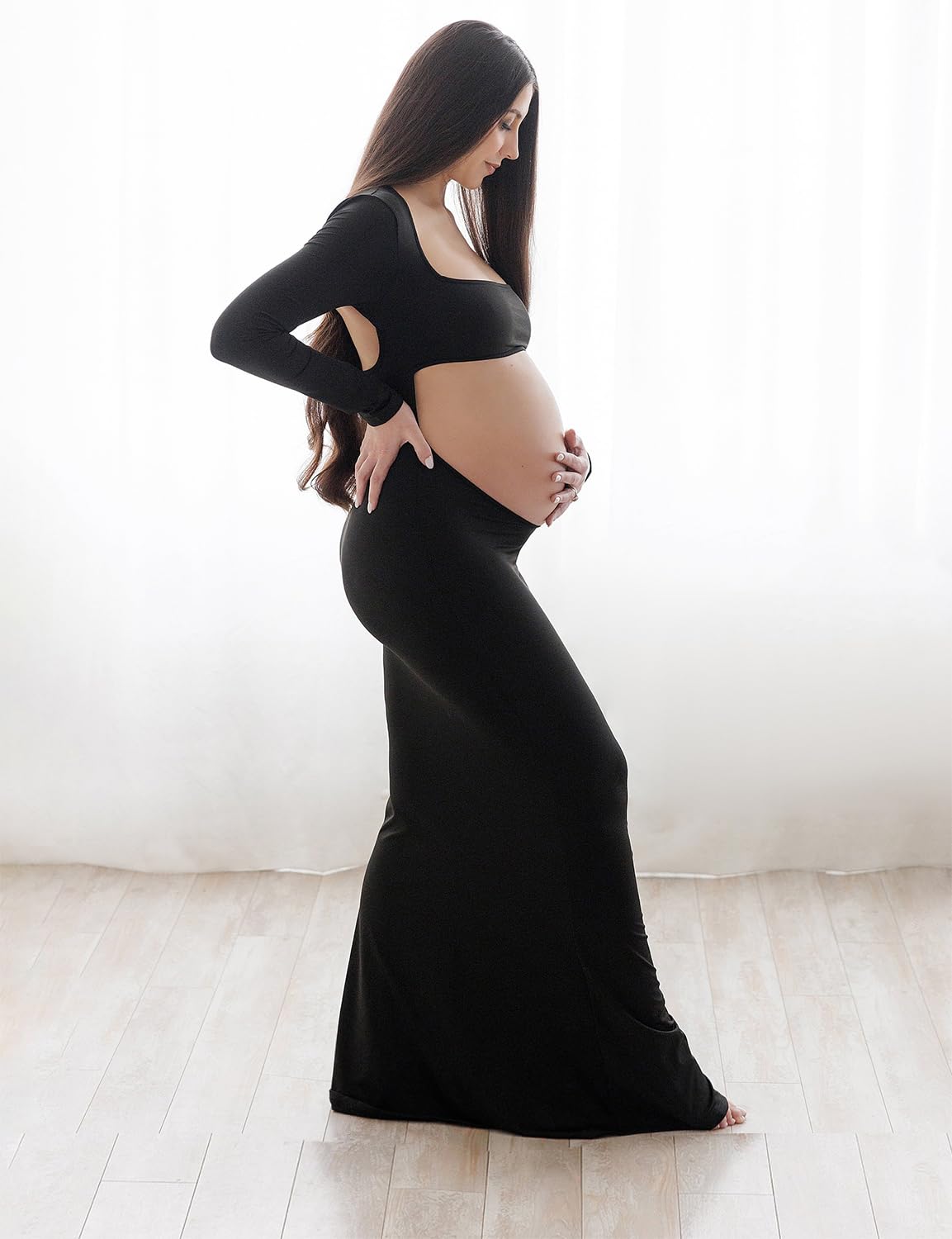 Stylish Cut Out Maternity Dress for Pregnancy Photos - Open Belly Long Sleeve Photography Gown with Square Neck | Perfect for Maternity Shoots, Baby Showers & Special Occasions