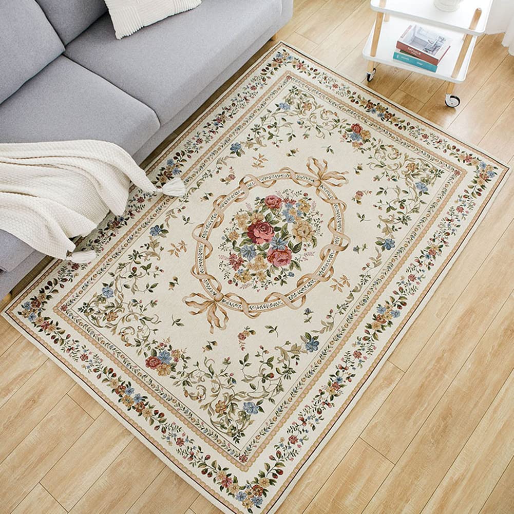 Ukeler 7.5x5.2 Feet Non-Shedding Cotton Area Rug - Rustic Floral Design for Living Room & Bedroom Decor | Euro Romance Style Accent Carpet | Perfect for Home, Office or Dorm Room