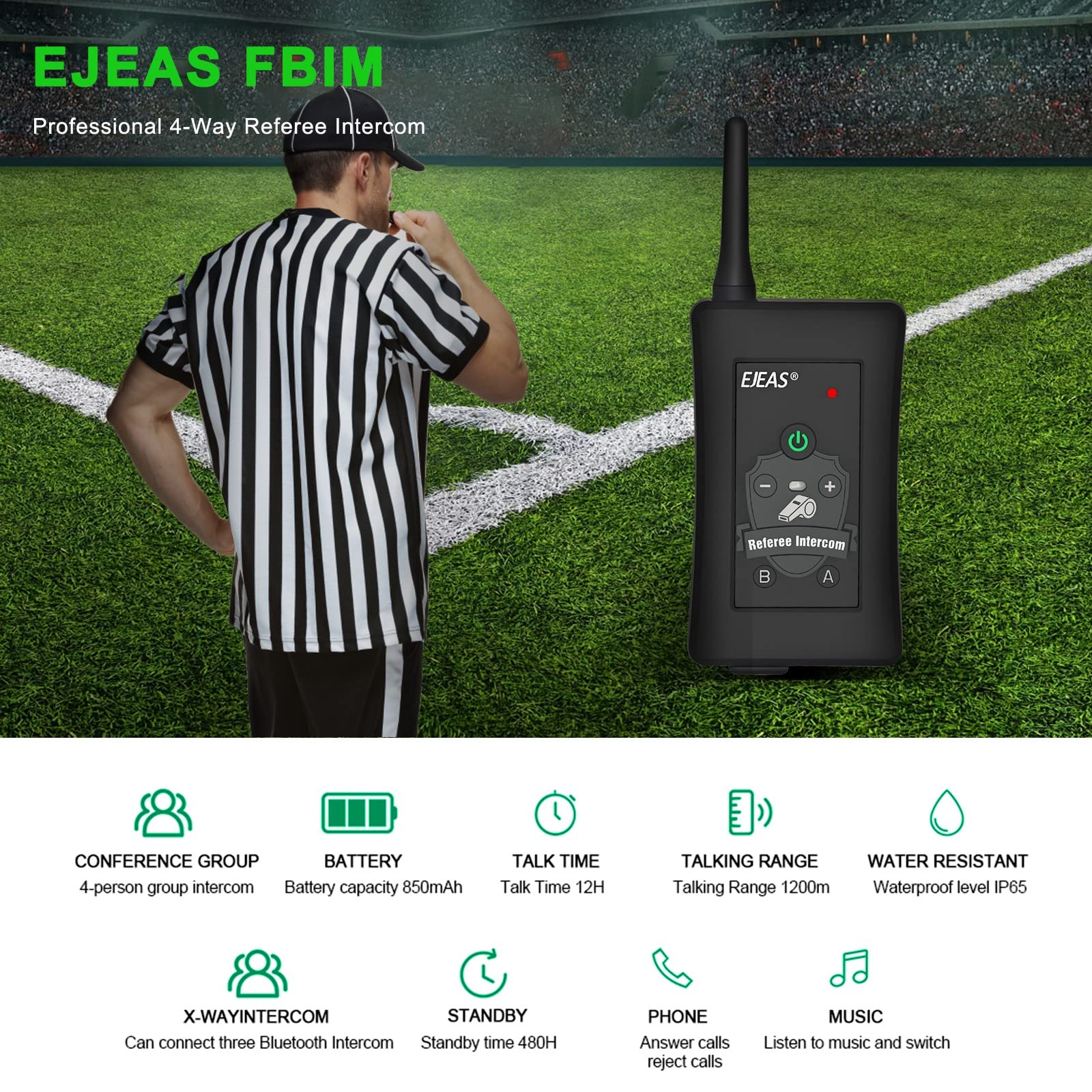 EJEAS FBIM Professional Referee Bluetooth Headset - 4-Way 1500M Communication System with Noise Cancelling, Waterproof & 850mAh Battery - Includes Armband for Football, Handball & Basketball Referees (2 Pack) - Perfect for Sports Officiating, Coaching & Team Communication