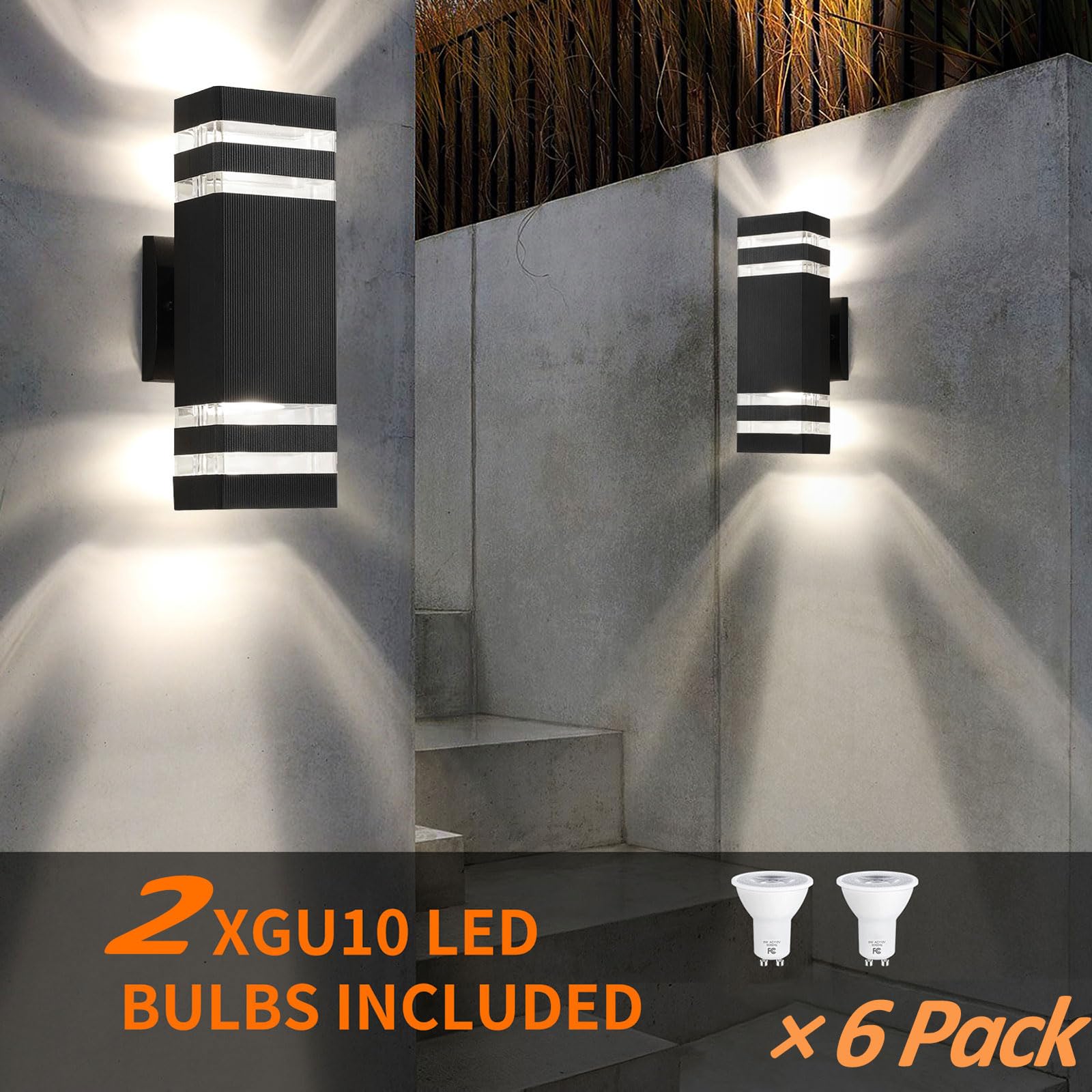 6 Pack Outdoor Wall Lights - Black Modern Waterproof Aluminum Exterior Light Fixtures for House, Garage & Porch | Up and Down Wall Sconces with 2-Layer Design | Perfect for Outdoor Entryway, Patio, Garden and Driveway Lighting