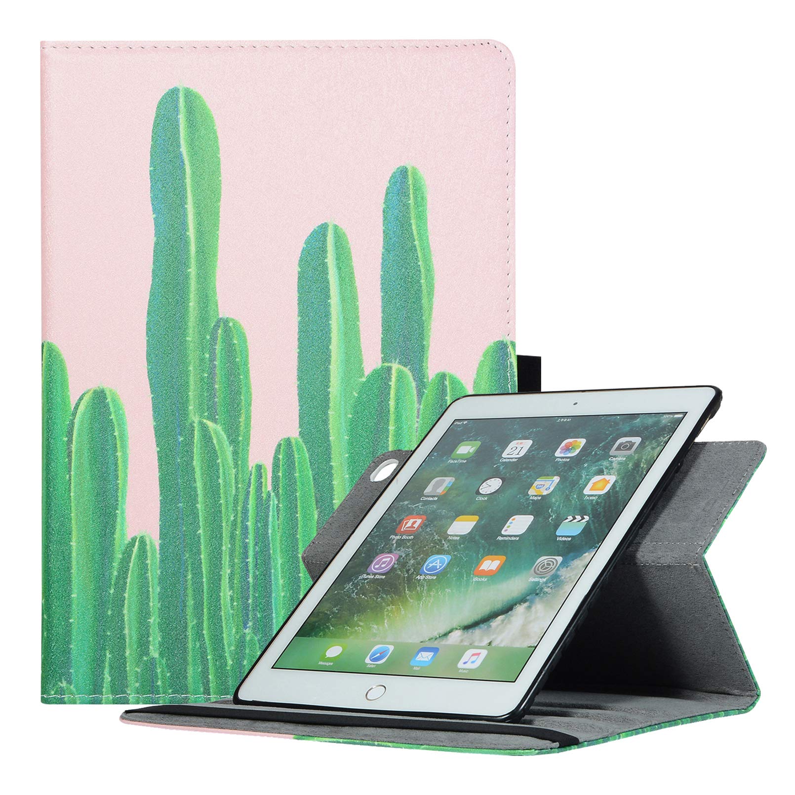 AiSMei Rotating Protective Case with Soft TPU Back Cover & Pencil Holder - Auto Wake/Sleep Smart Cover for iPad 6th Gen (2018), iPad 5th Gen (2017), iPad Air (2013) - Cactus Design | Perfect for Work, Study & Travel Protection