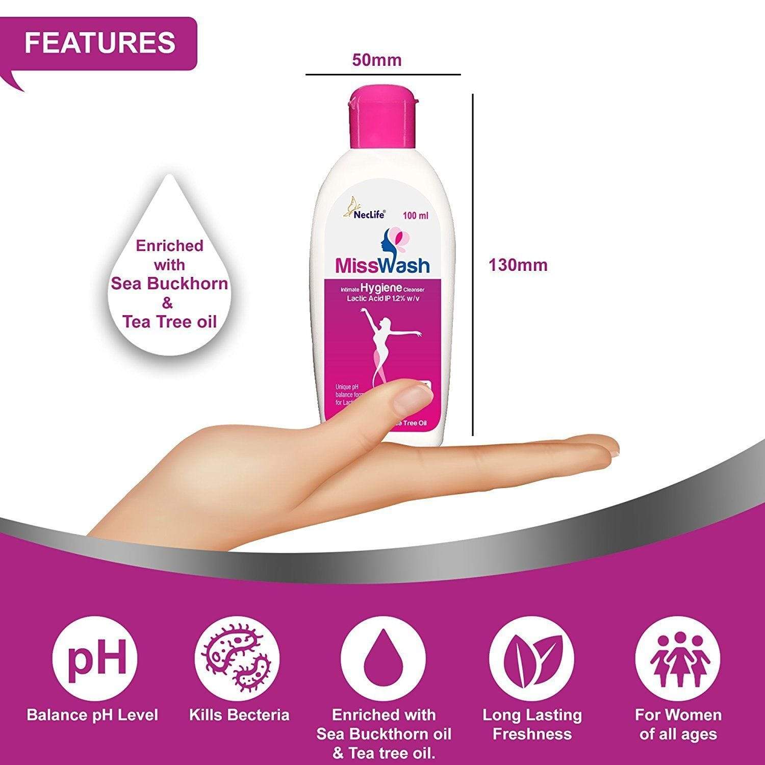 MissWash Expert Intimate Hygiene Wash 100ml (Pack of 3) | pH Balanced Feminine Wash for Daily Care | Gentle Cleansing for Sensitive Skin | Perfect for Travel & Gym