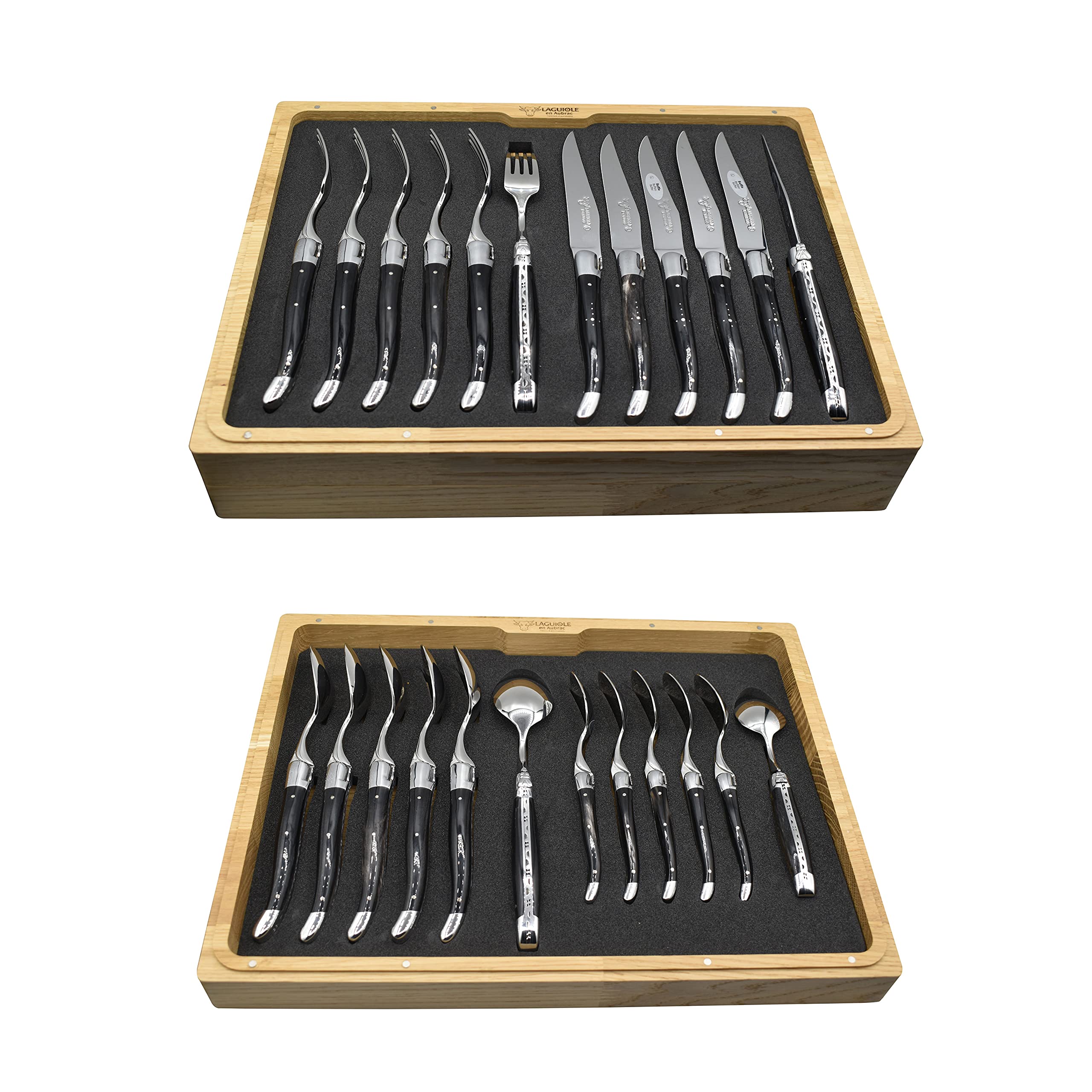 Premium Laguiole en Aubrac 24-Piece Flatware Set - 6 Steak Knives, 6 Forks, 6 Soup & 6 Tea Spoons - Luxury Stainless Steel Cutlery with Buffalo Horn Handles - Perfect for Fine Dining, Wedding Gifts & Elegant Table Settings