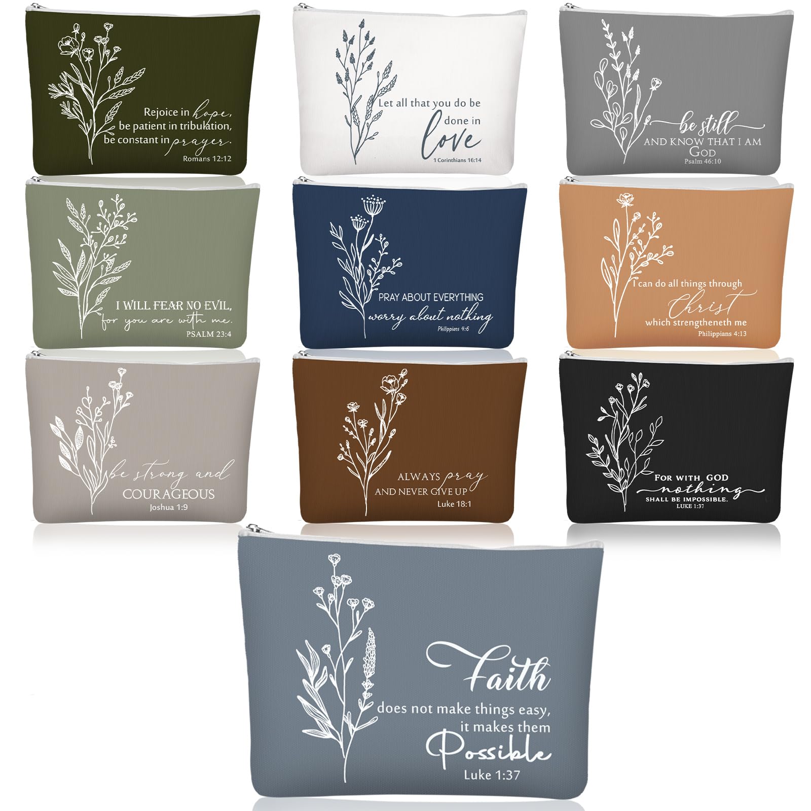 10Pcs Inspirational Christian Cosmetic Bags for Women - Religious Bible Verse Makeup Pouch with Zipper, Canvas Pencil Case Bulk Set - Perfect Gifts for Mother, Sister, Church Favors & Bible Study Groups
