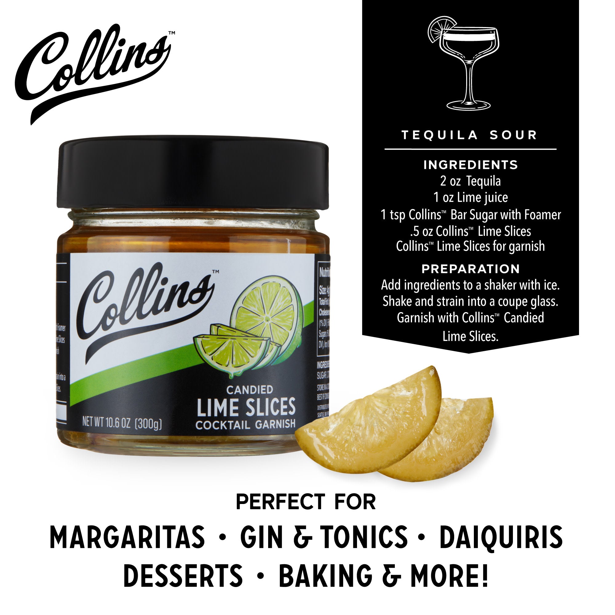Collins Candied Lime Slices in Syrup 10.6 oz - Sweet & Tangy Cocktail Garnish for Mojitos, Desserts & Baking