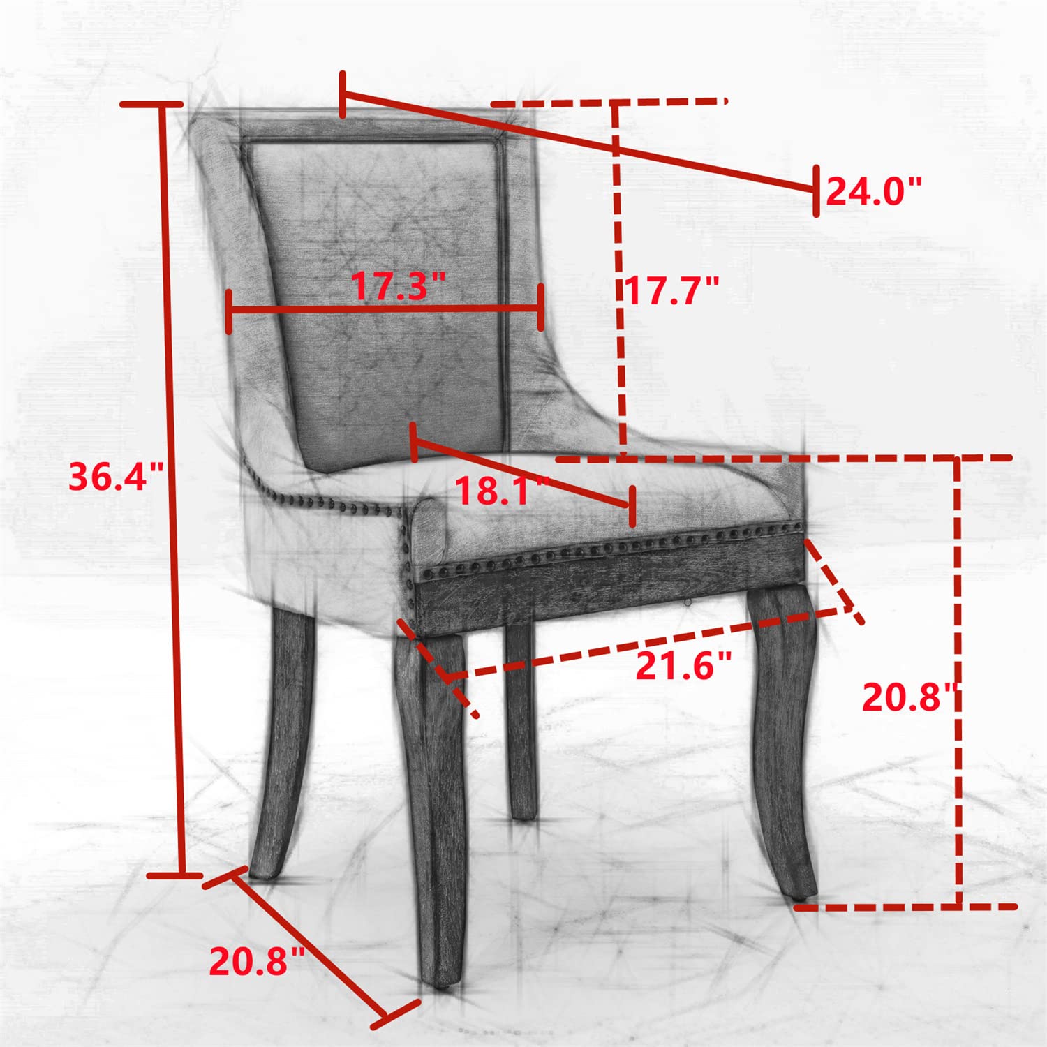 Set of 2 Retro Upholstered Dining Chairs with Solid Wood Legs & Bronze Nailhead Trim - Mid Century Modern Accent Chairs for Dining Room, Living Room or Restaurant Decor (Grey)