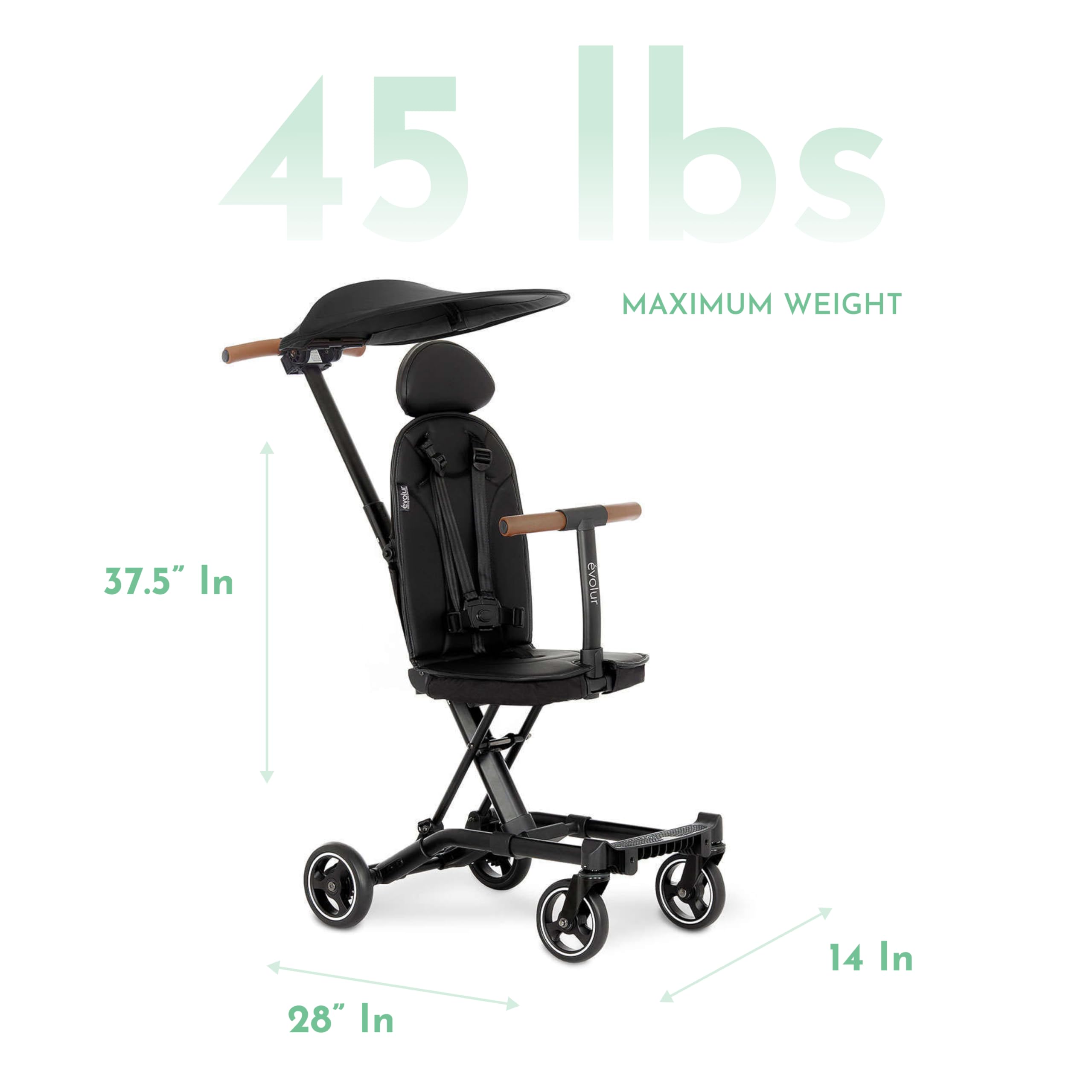 Evolur Cruise Rider Lightweight Compact Fold Stroller with Canopy - Easy to Carry Travel Stroller for Toddlers - Perfect for Air Travel, Shopping & Daily Walks (Noir Black)
