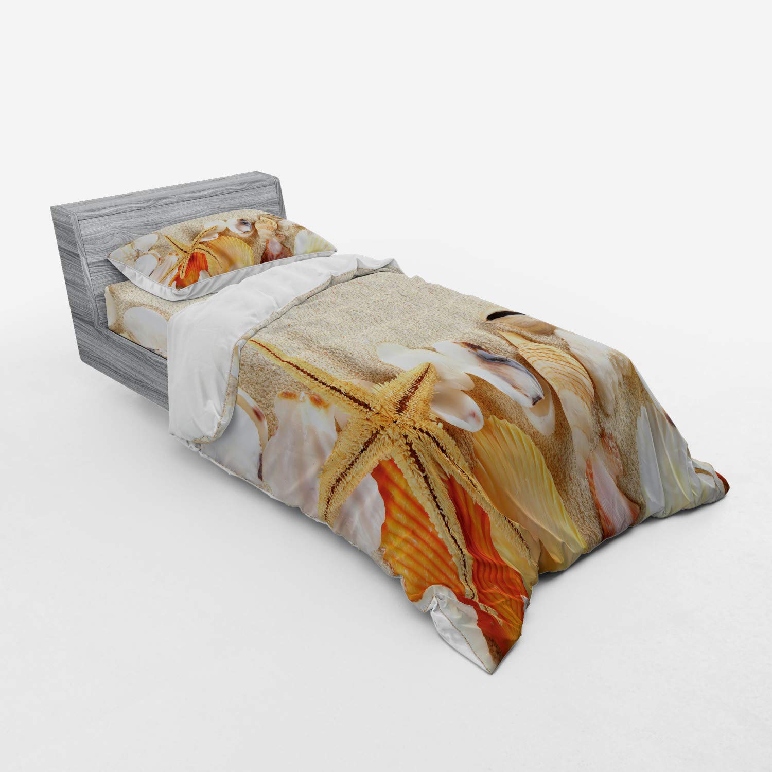 Ambesonne Seashells Duvet Cover Set - 3 Piece Twin Size Bedding with Sham & Fitted Sheet, Beige Ivory Cream - Coastal Beach Theme Decor for Bedroom, Vacation Home, or Romantic Getaway
