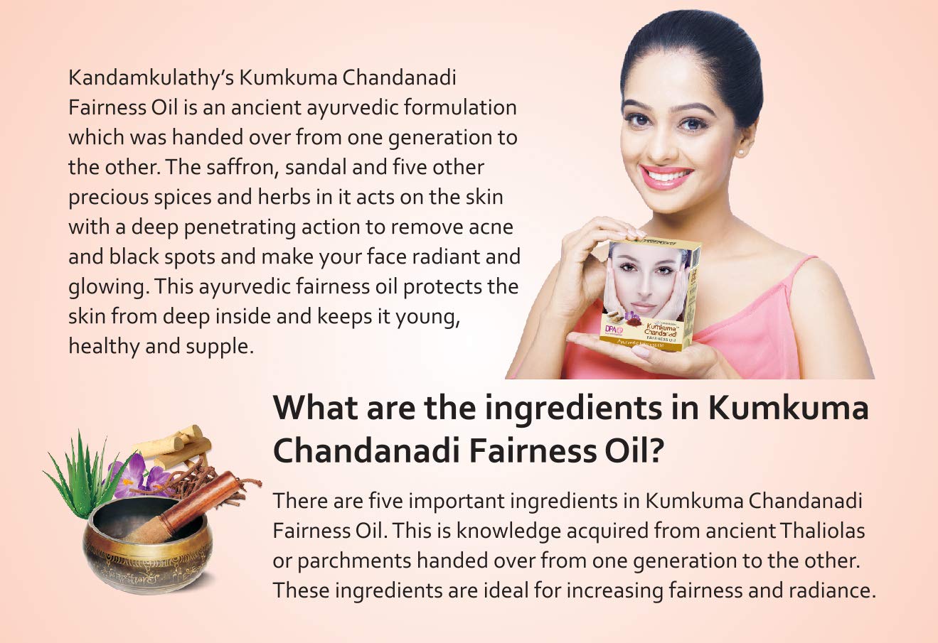 Kandamkulathy Kumkuma Chandanadi Ayurvedic Fairness Oil - Natural Skin Brightening Treatment with Saffron & Sandalwood (10ml) for Glowing Complexion | Daily Face Care & Makeup Base | Perfect for Bridal Prep, Festivals & Special Events