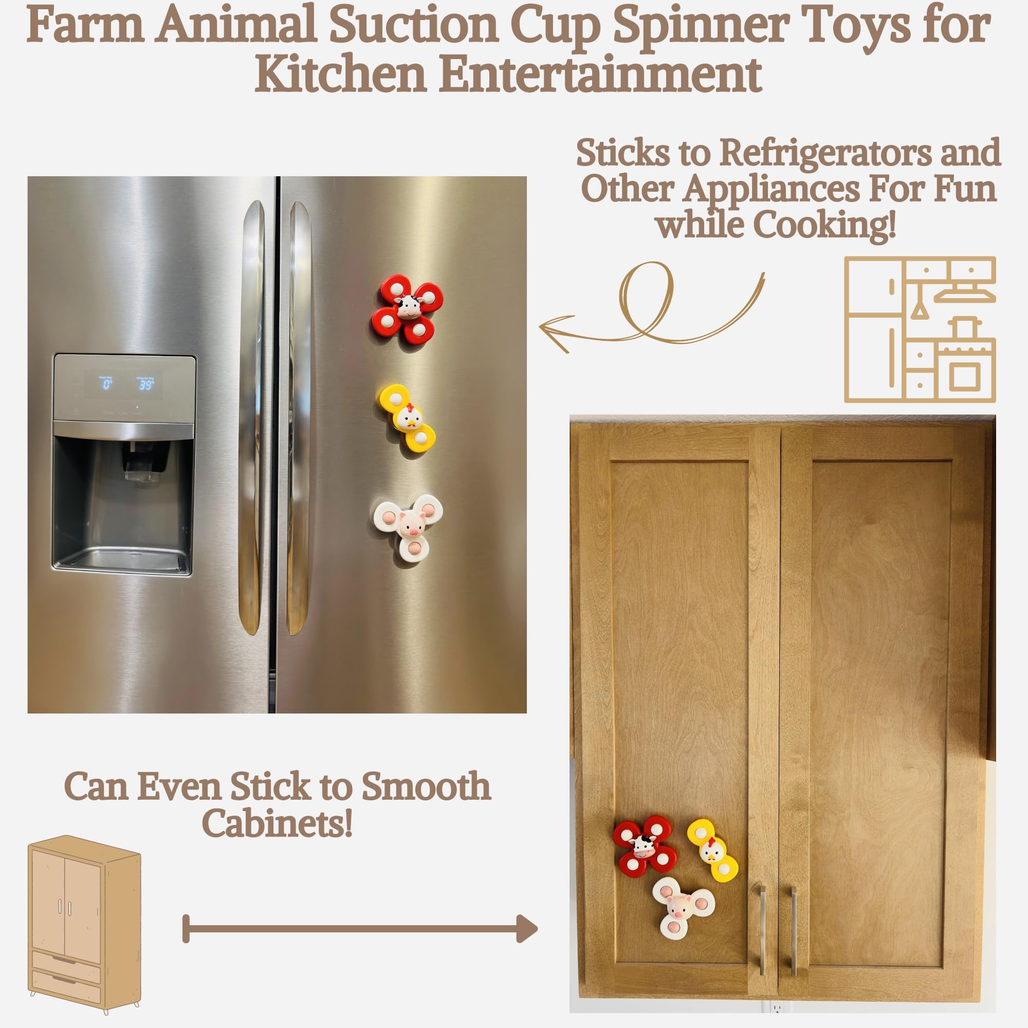 Farm Animal 3 PCS Suction Cup Spinner Toys Set - Cow, Pig, Chicken - Sensory Toys for Babies 6-18 Months & Toddlers 1-3 Years - Travel, Fidget & Learning Toys for Boys & Girls - Perfect for Car Windows, High Chairs & Playtime