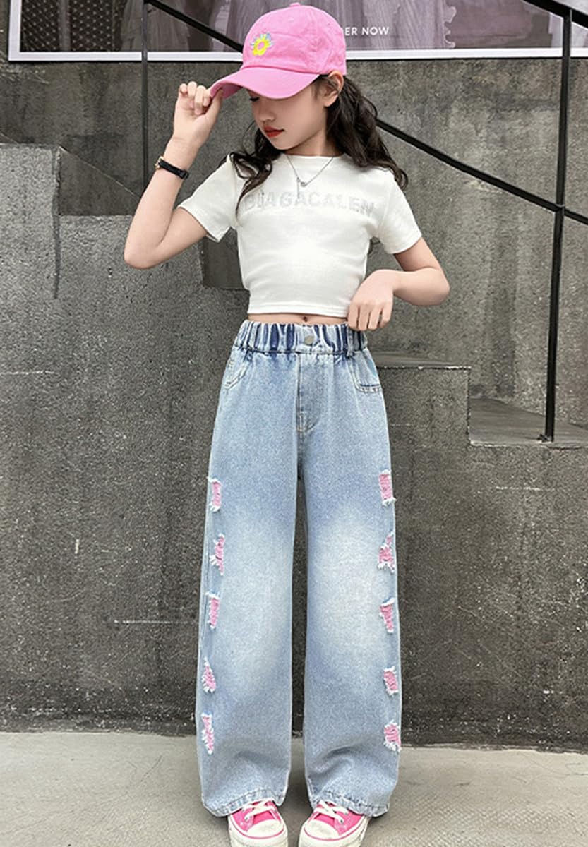 NABER Girls' Stretch Elastic Waist Ripped Jeans - Distressed Denim Wide Leg Pants for Kids Age 5-15 | Trendy Casual Wear for School, Playdates & Everyday Outfits