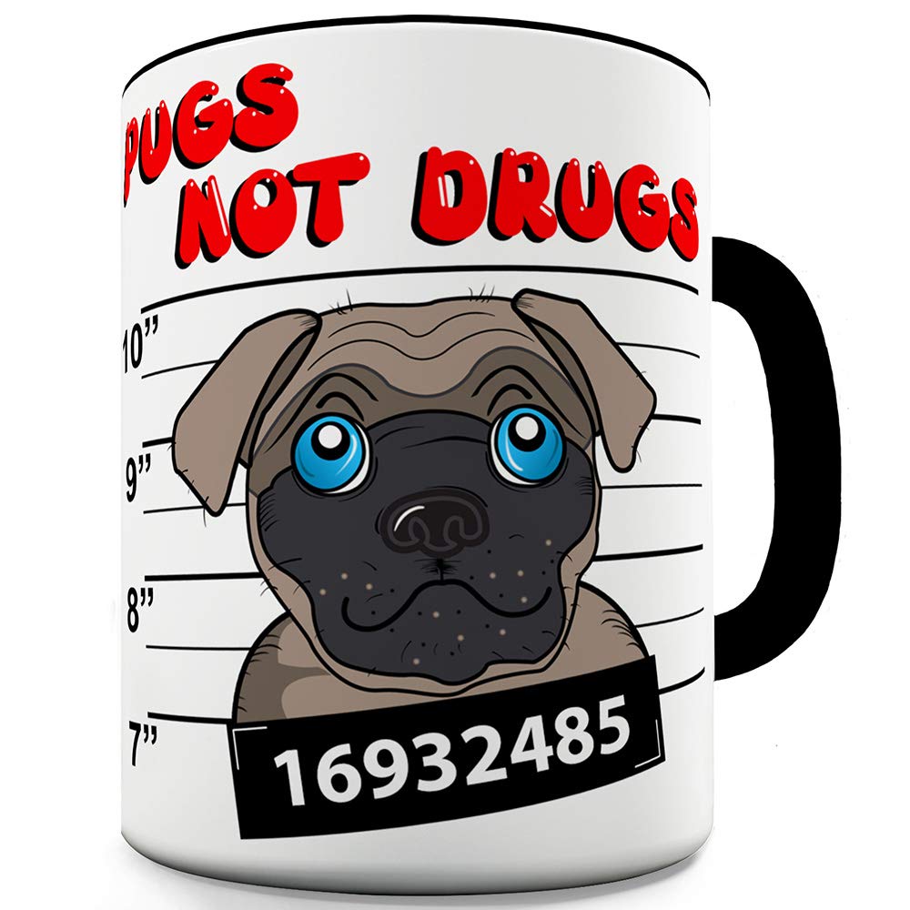 11 oz Black Rim Funny Coffee Mug for Men - Pugs Not Drugs Design - Perfect for Office, Home & Gifts