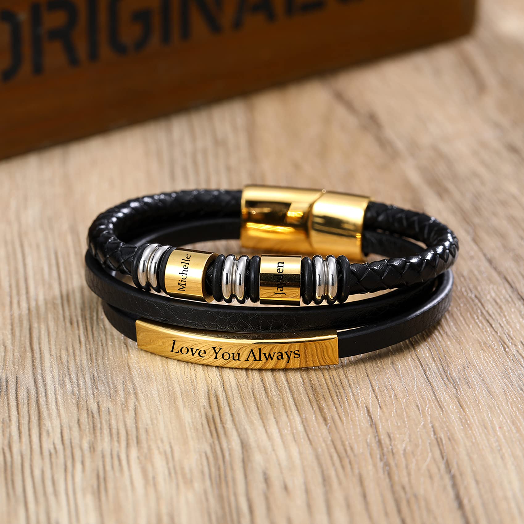 Custom Engraved Men's Leather Bracelet with 2-4 Name Beads - Personalized Gift for Dad, Son, Boyfriend & Husband - Perfect for Father's Day, Anniversary & Birthday Gifts