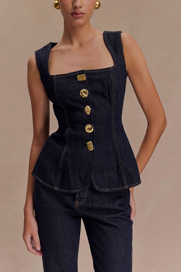 Stylish Stassi Denim Vest Top with Square Neck & Princess Seams - Button Up Fashion for Women | Perfect for Casual Outfits, Layering & Streetwear Looks