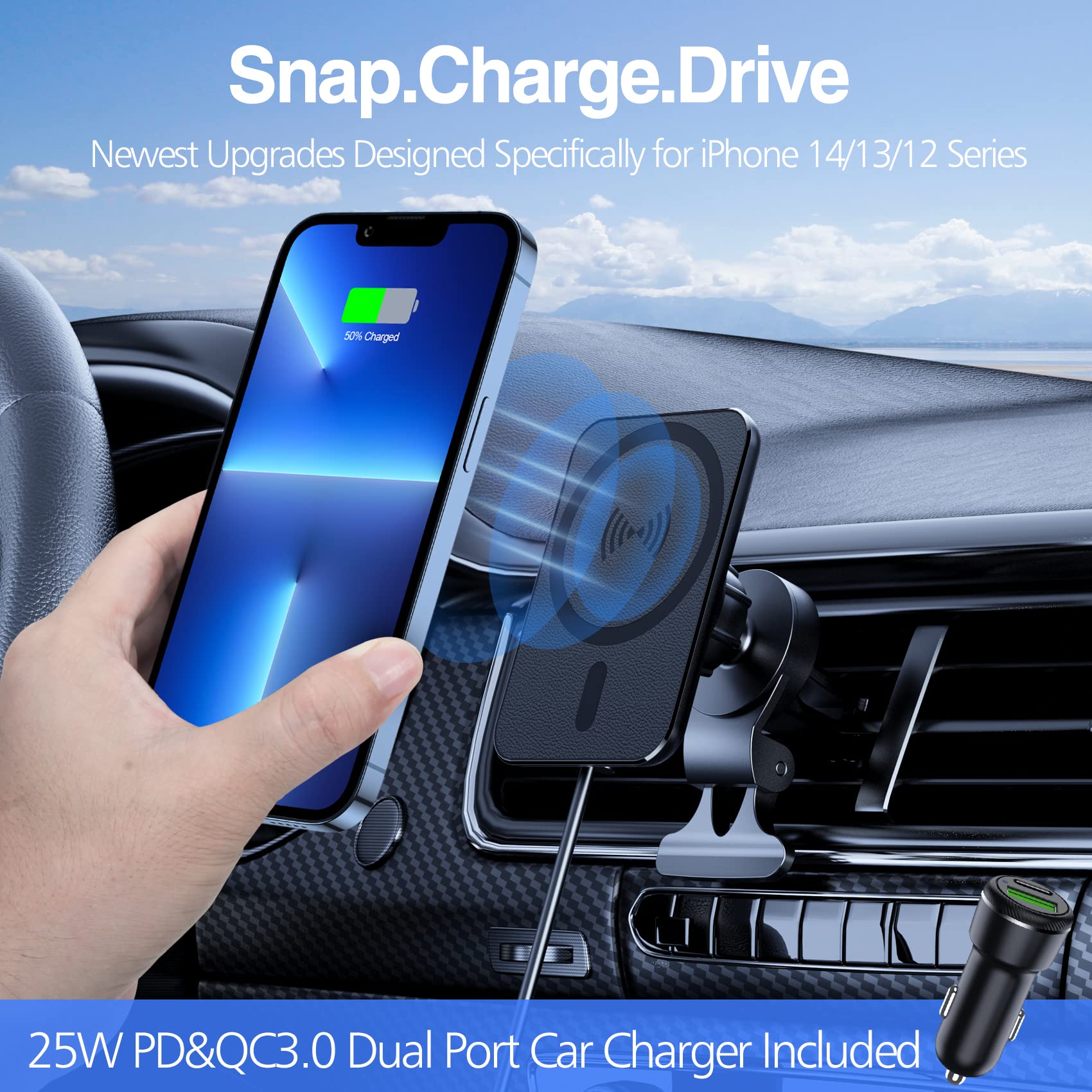 Magnetic Wireless Car Charger for iPhone 15/14/13/12 Series - 15W Fast MagSafe Car Mount Charger with Powerful Hold - Perfect for Safe Hands-Free Driving & Navigation
