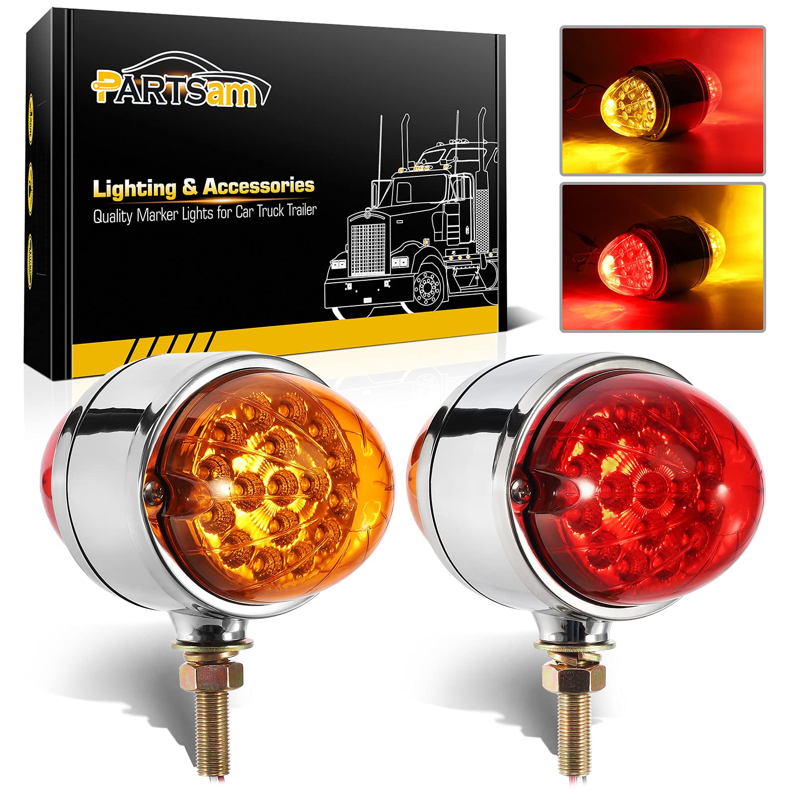 Partsam 2Pcs Amber/Red 17 LED Dual Revolution Watermelon Lights for Semi Truck - Chrome Double Face Auxiliary Turn Signal Lights Replacement for Freightliner, Kenworth & Peterbilt Trucks | Heavy Duty Truck Lighting for Enhanced Road Safety & Visibility