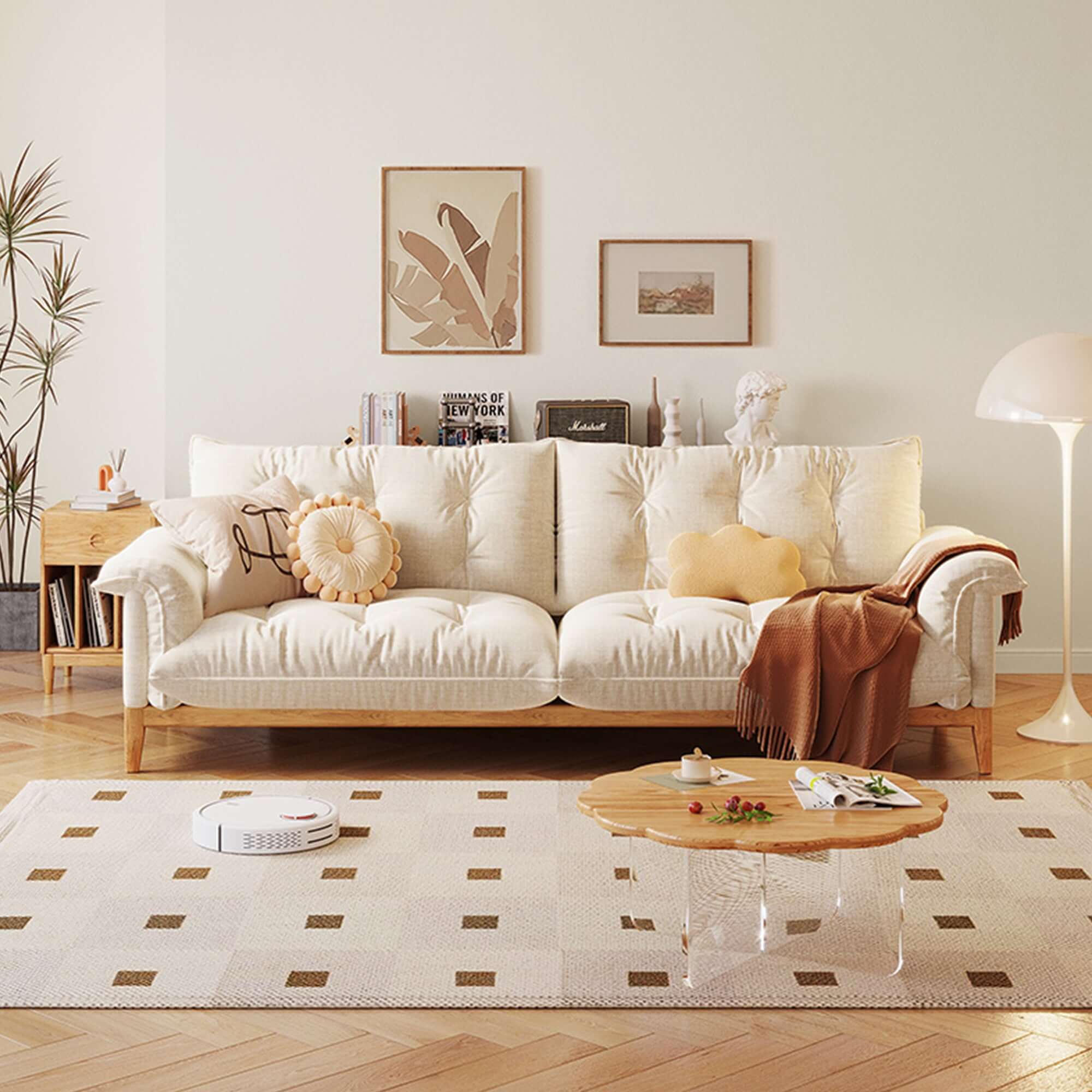 Modern 3-Seater Sofa - Beige Solid Wood Frame with Cotton Linen Upholstery - Perfect for Living Room, Lounge & Home Office Comfort