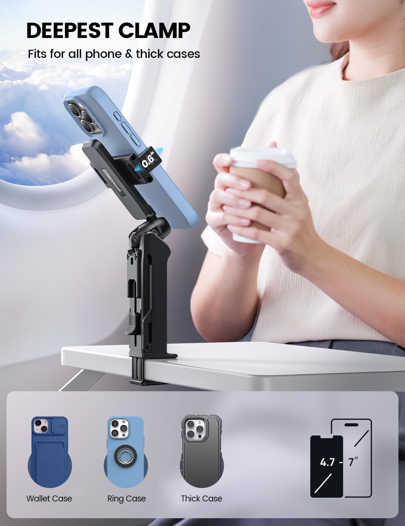 Lamicall 2024 Wide Clamp Airplane Phone Holder & Foldable Phone Stand for Desk - Perfect for Travel, Office & Home Use