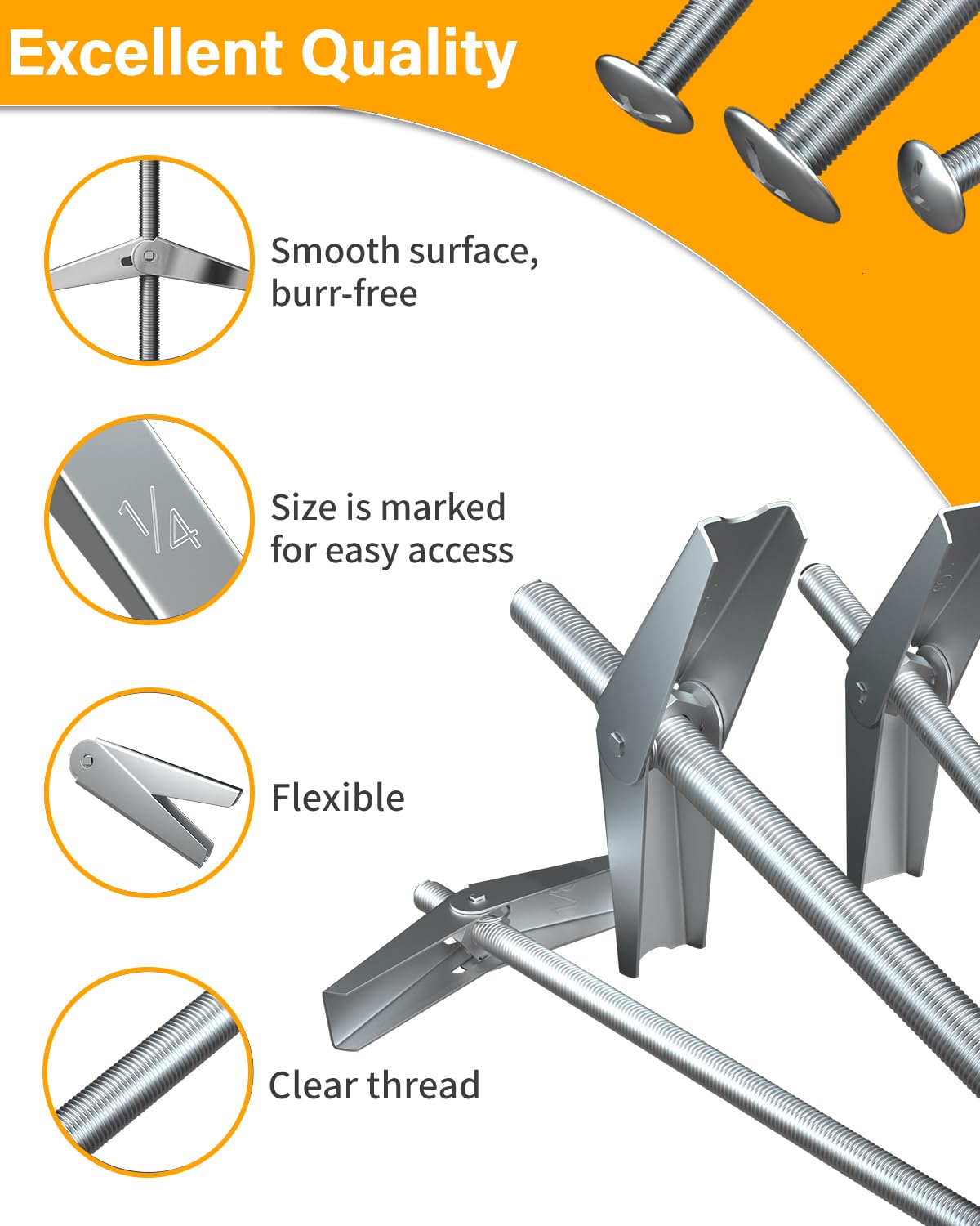 1/4 Inch Heavy Duty Drywall Anchors - 15 Pcs Metal Toggle Bolts with Screws Kit for Ceiling, Sheetrock & Hollow Walls | Secure Mounting for Shelves, TVs & Heavy Decorations