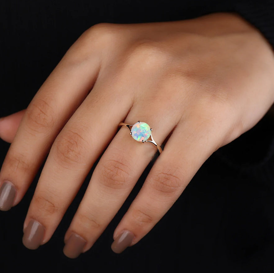 Faceted White Opal Statement Ring for Women - Elegant Round Gemstone Jewelry for Party, Wedding & Evening Occasions