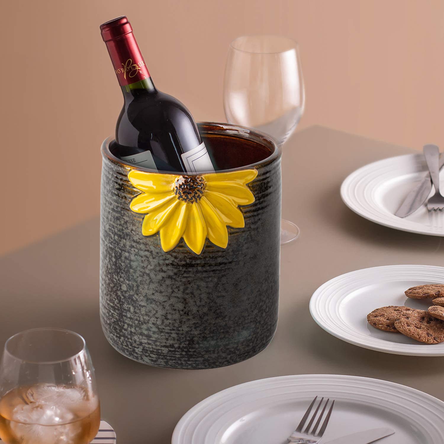 Ceramic Utensil Holder for Kitchen Countertop - Large Sunflower Decor Cooking Utensil Crock | Perfect for Organizing Spoons, Spatulas & Kitchen Tools on Counter or Stovetop