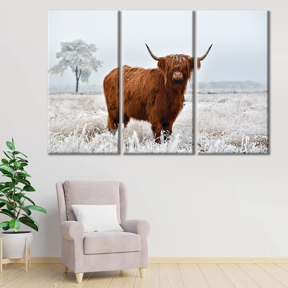 Scottish Highland Cattle Winter Landscape Canvas Wall Art - 3 Panel Framed Highland Cow Painting for Living Room Decor, 60x40 Inches, Ready to Hang - Perfect for Farmhouse, Rustic & Country Style Home Interiors