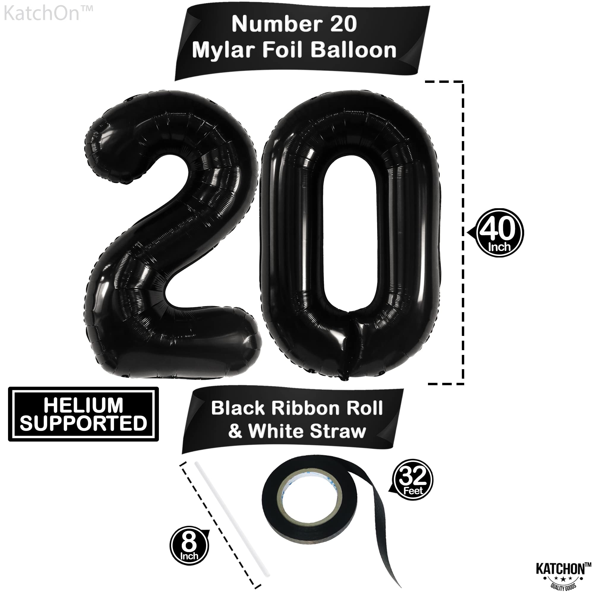 KatchOn 40 Inch Black Number 20 Balloon - Large 20th Birthday Decorations for Men & Women, 20 Year Old Party Supplies, Anniversary Decor - Perfect for Birthday Parties, Graduations & Milestone Celebrations