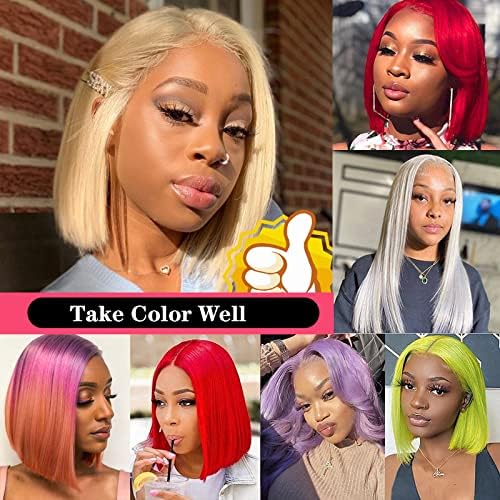 613 Blonde Bob Wigs Human Hair Straight 13x4 Lace Front 180% Density HD Transparent Lace Frontal Bob Wig Brazilian Remy Hair 14inch for Women - Pre Plucked With Baby Hair, Heat Resistant & Take Color Well - Perfect for Cosplay, Daily Wear & Special Occasions